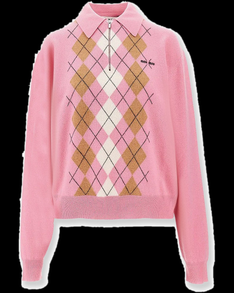 BG_REMOVED_CATALOG_Cashmere Polo Sweater With Argyle Motif - MIU MIU