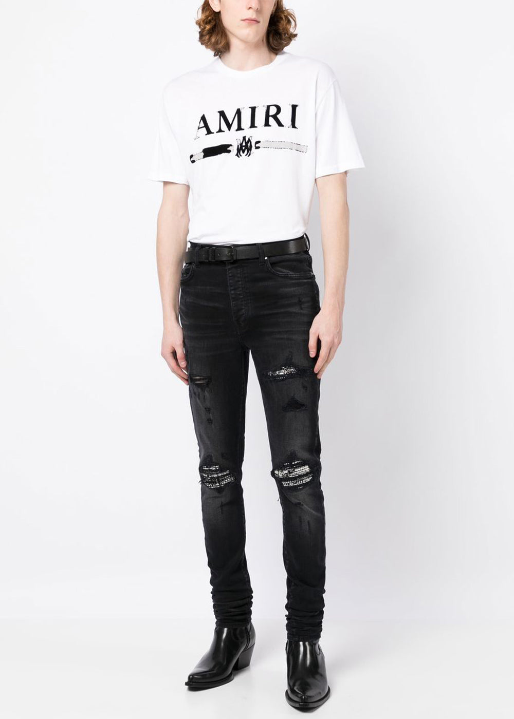 Оригінальна Black Mx1 Bouclé-Trim Skinny Jeans Amiri – вид ззаду