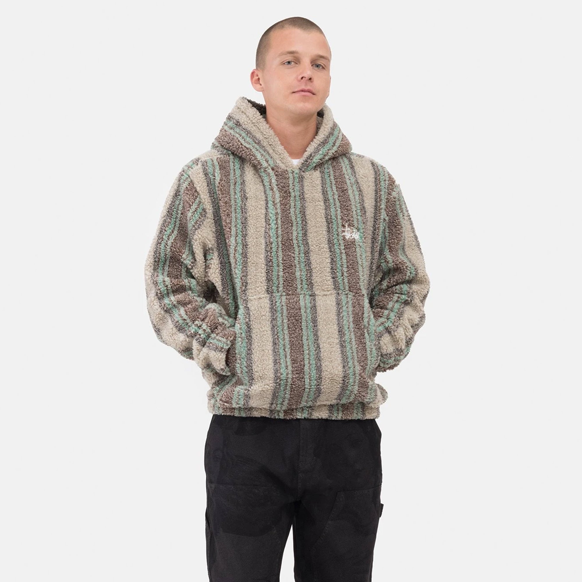 Mens Stripe Sherpa Hoodie Tan Stussy – Гарантія оригінальності – детальний вид