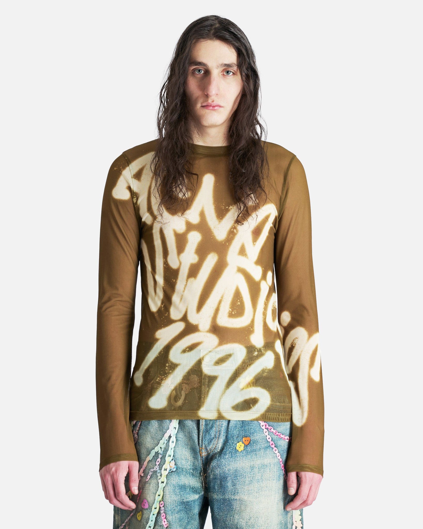 1996 Sheer Logo Long Sleeve In Dark Khaki Green Acne studios – Гарантія оригінальності – боковий вид