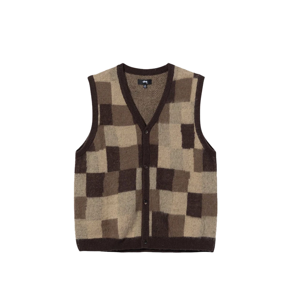 Womens Wobbly Check Sweater Vest Brown Stussy оригінал – Купити в Україні – боковий вид