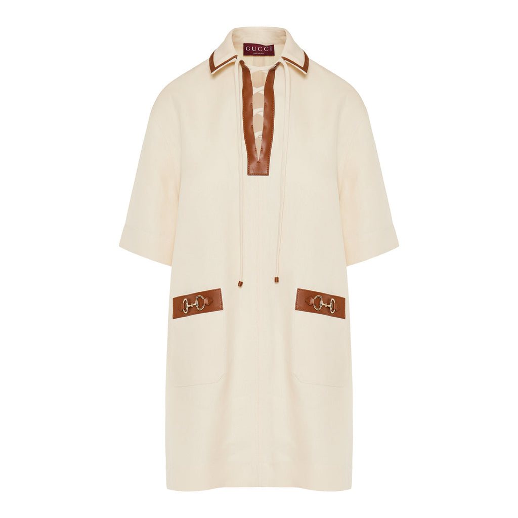 Horsebit Embellished Leather Trimmed Linen Mini Dress Gucci – Гарантія оригінальності – боковий вид