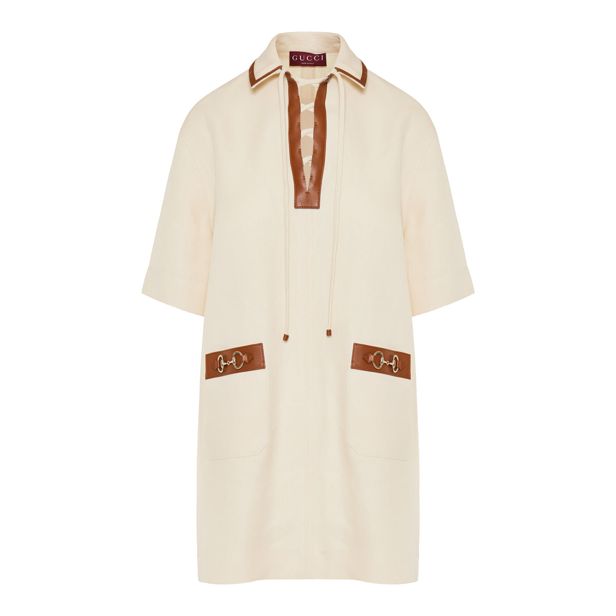 Horsebit Embellished Leather Trimmed Linen Mini Dress Gucci – Гарантія оригінальності – боковий вид