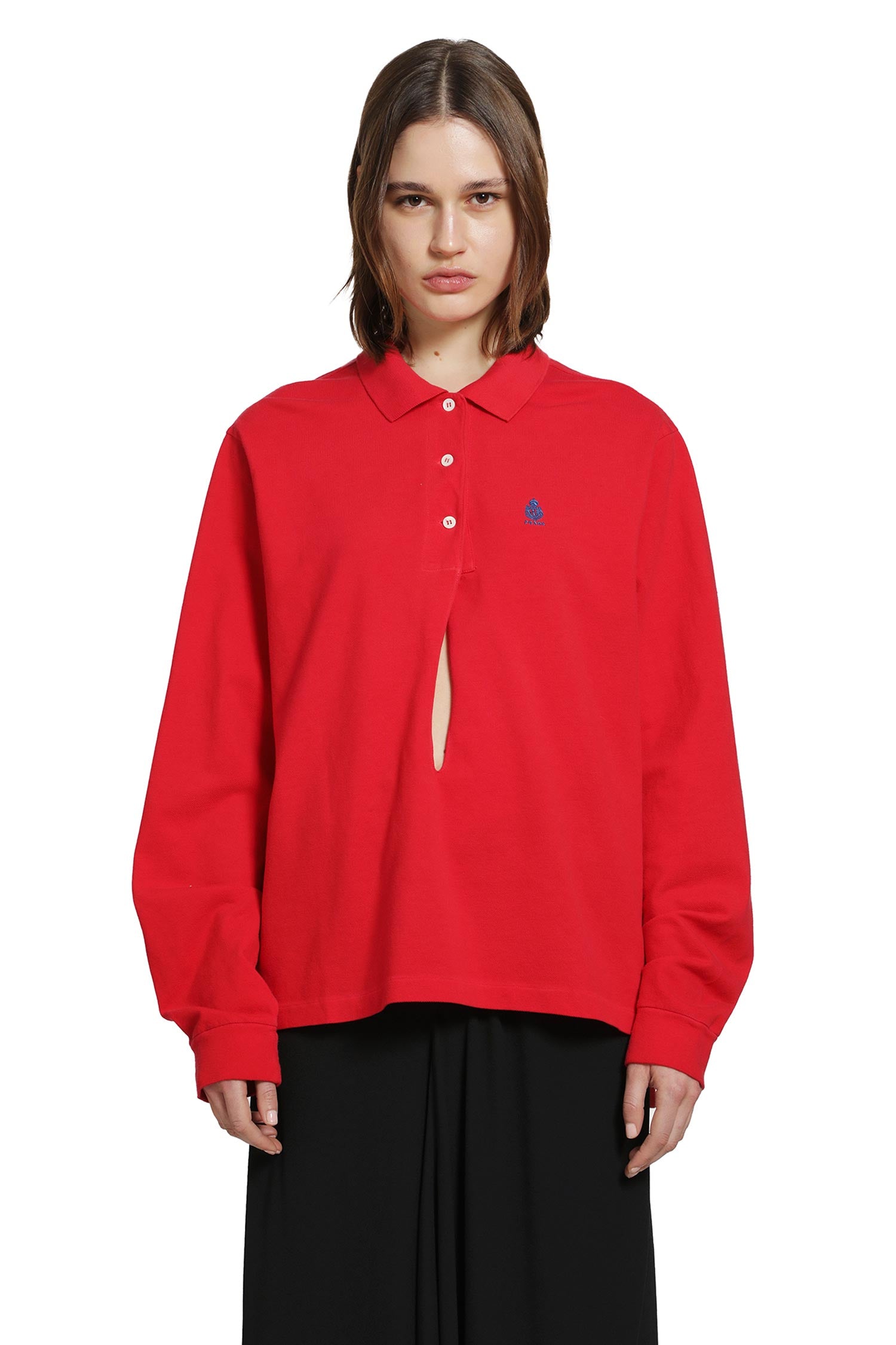 Оригінальна Long Sleeve Cotton Piqué Polo Shirt Prada – боковий вид