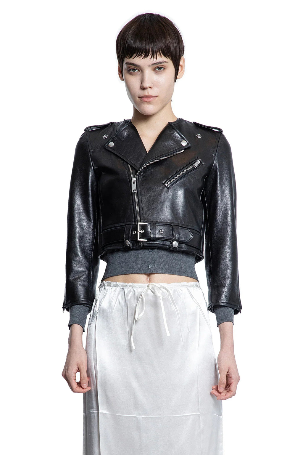 Оригінальна Cropped Leather Biker Jacket Prada – вид ззаду