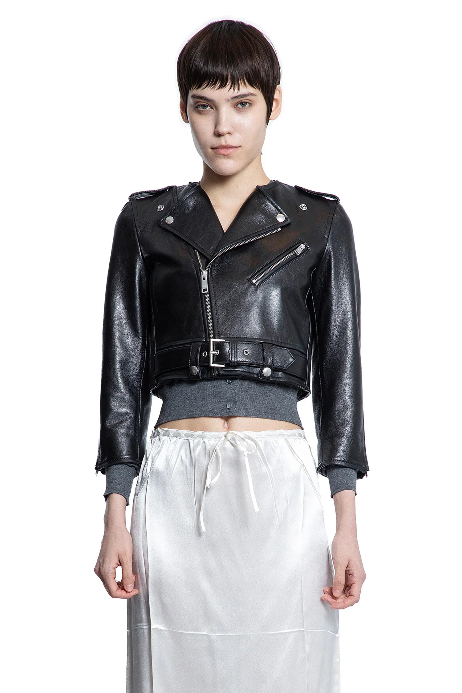 Оригінальна Cropped Leather Biker Jacket Prada – вид ззаду