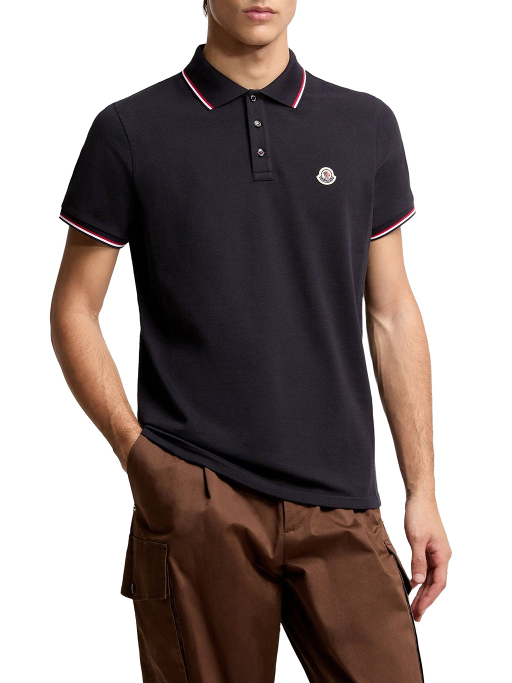 Cotton Piquet Polo Shirt With Tricolor Trim Moncler – Гарантія оригінальності – детальний вид