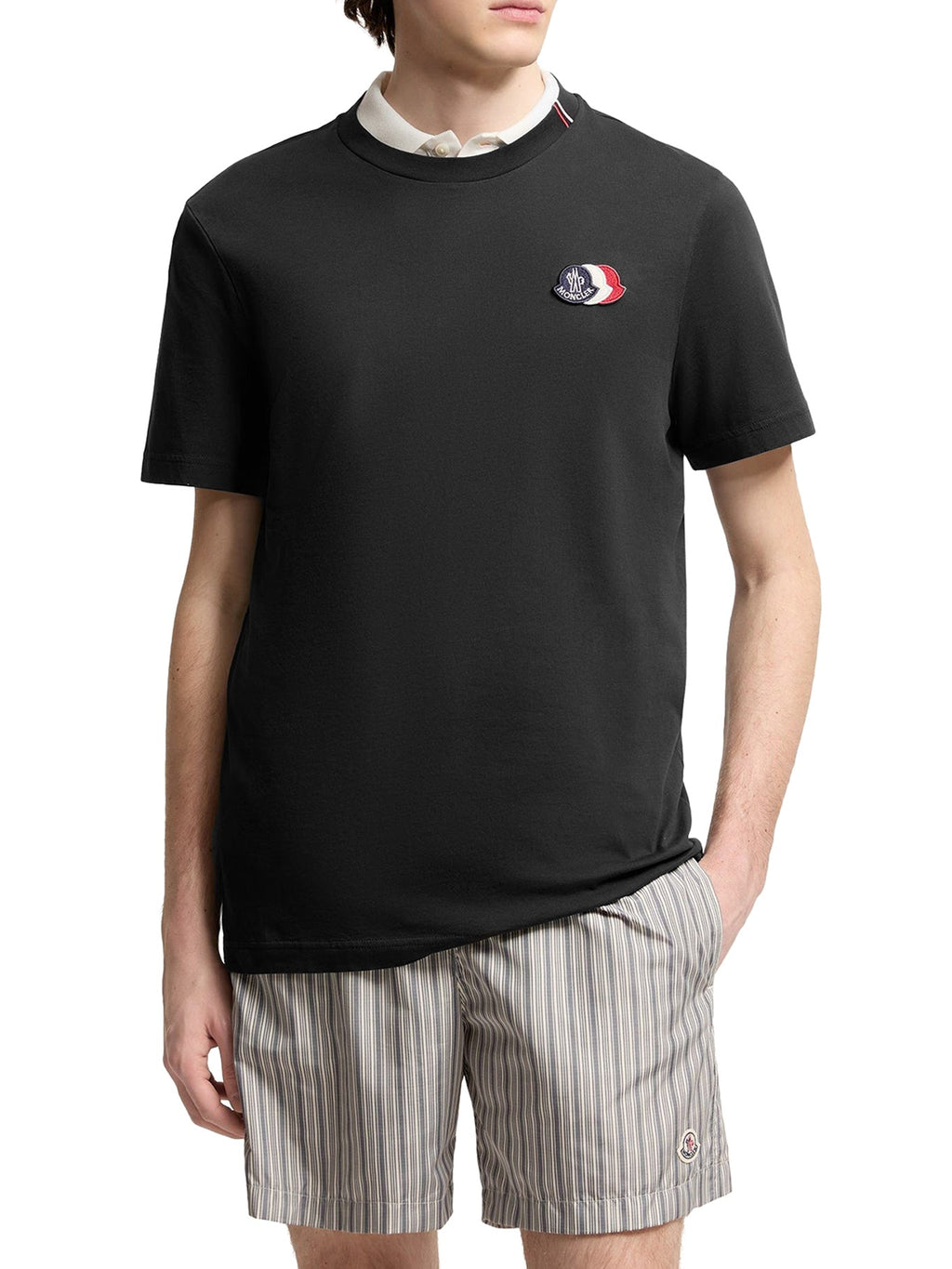 Black Cotton T-Shirt With Embroidered Tricolor Logo Moncler – Гарантія оригінальності – детальний вид