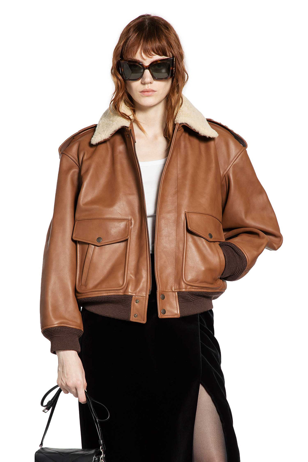 Bomber In Grained Leather And Shearling Saint laurent – Гарантія оригінальності – боковий вид