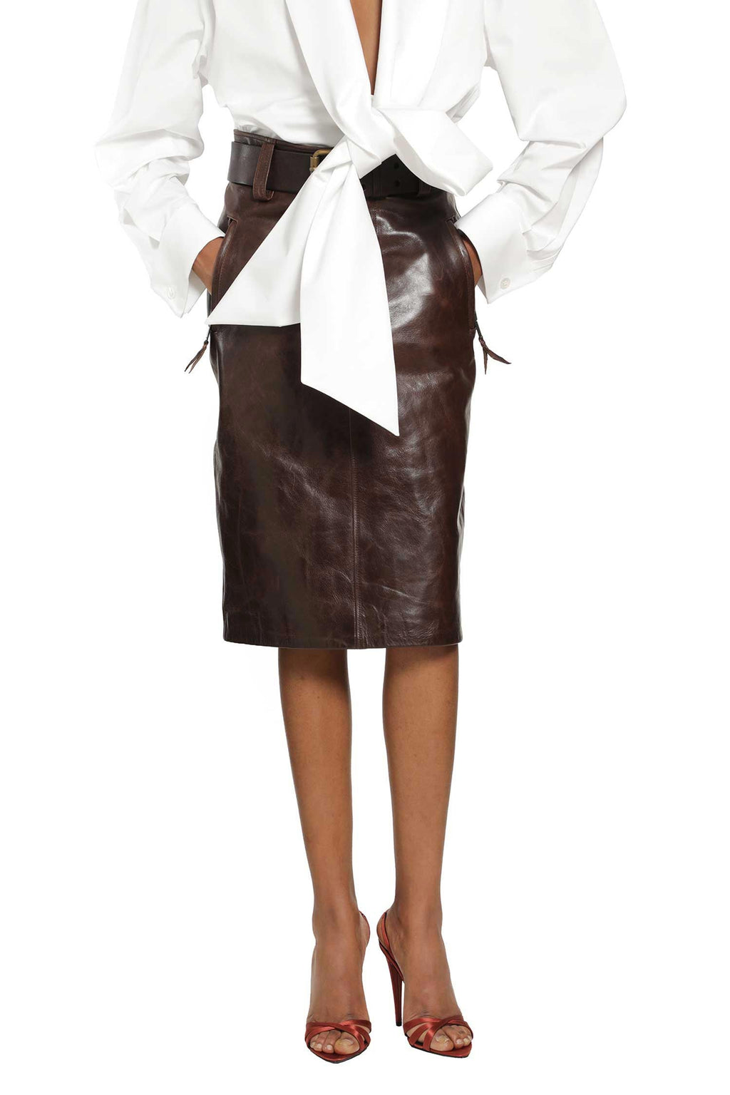 Belted Pencil Skirt In Creased Leather Saint laurent – Гарантія оригінальності – боковий вид