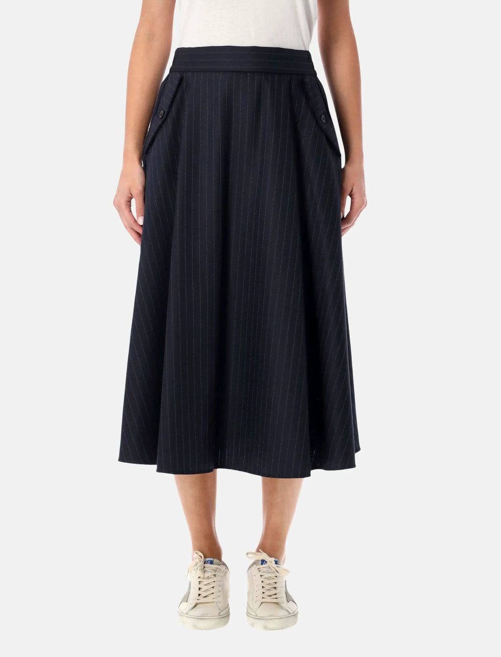 Navy Blue Wool Pint Striped MIDI Skirt Golden goose – Гарантія оригінальності – боковий вид