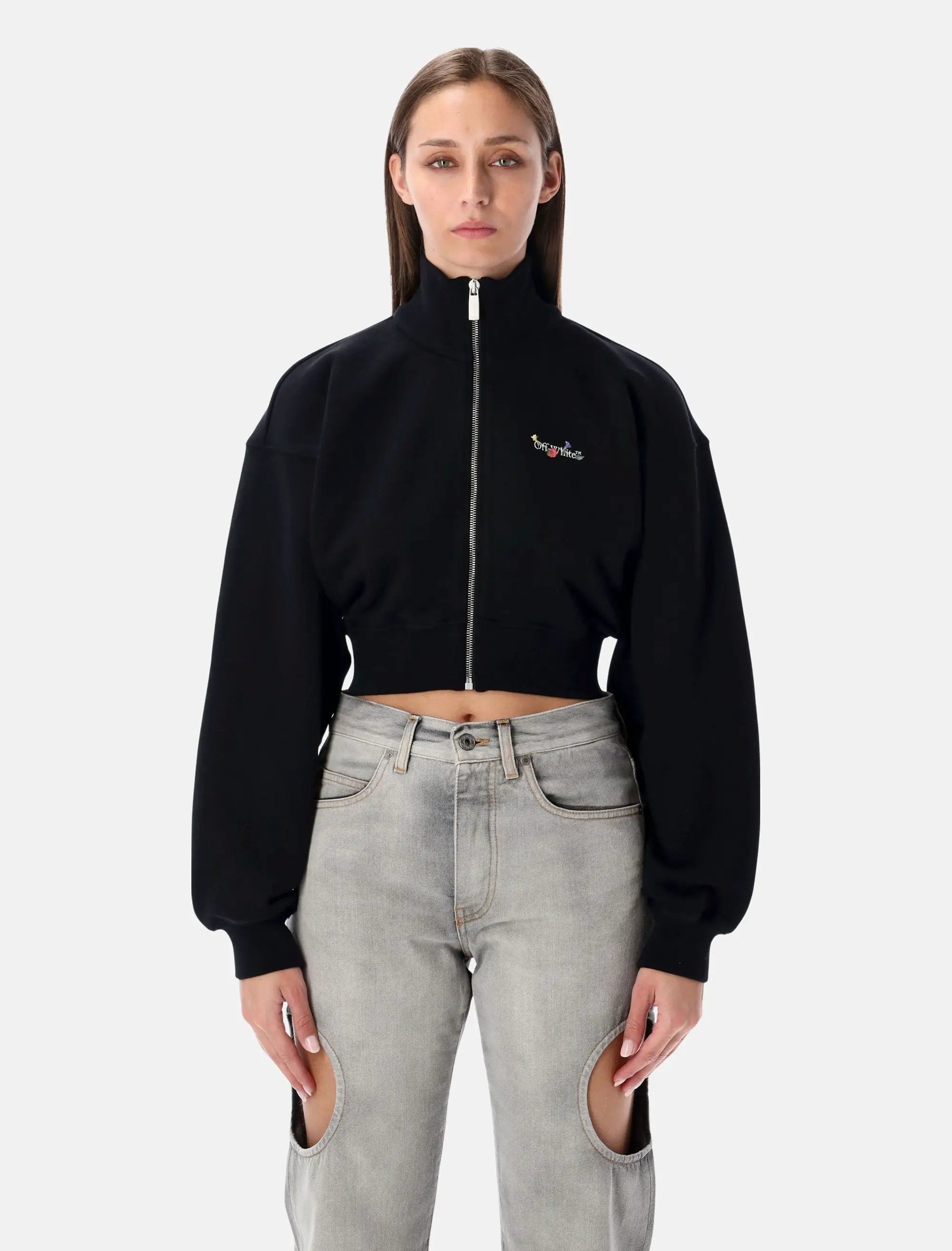 Black Crop Zip Fleece With Arrow Glass Print Off-white оригінал – Купити в Україні – боковий вид