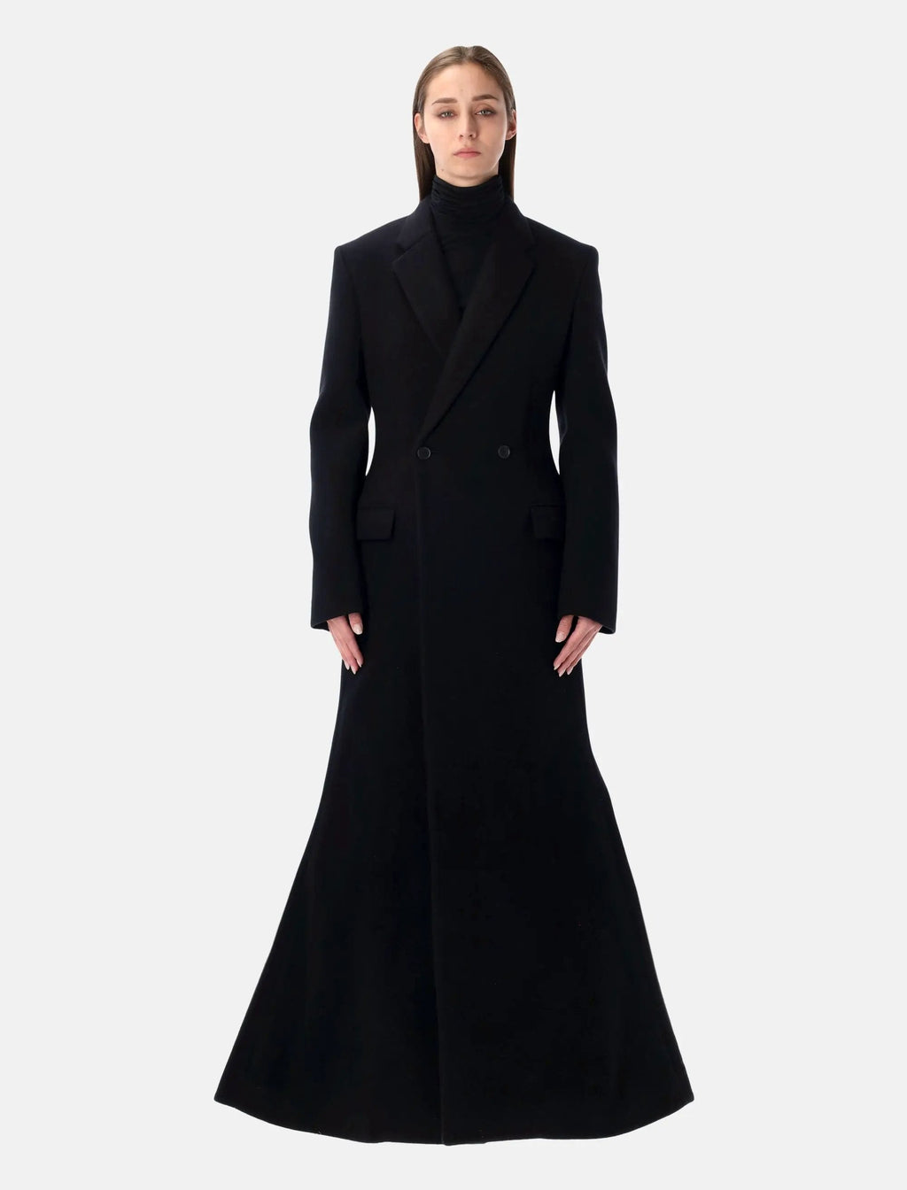 Black Wool Maxi Godet Coat Balenciaga – Гарантія оригінальності – боковий вид