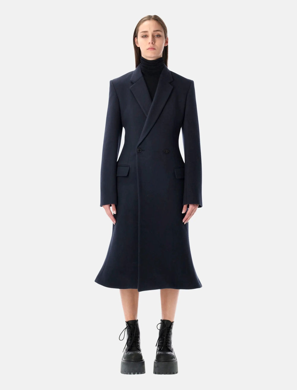 Navy Brushed Wool MIDI Godet Coat Balenciaga оригінал – Купити в Україні – боковий вид