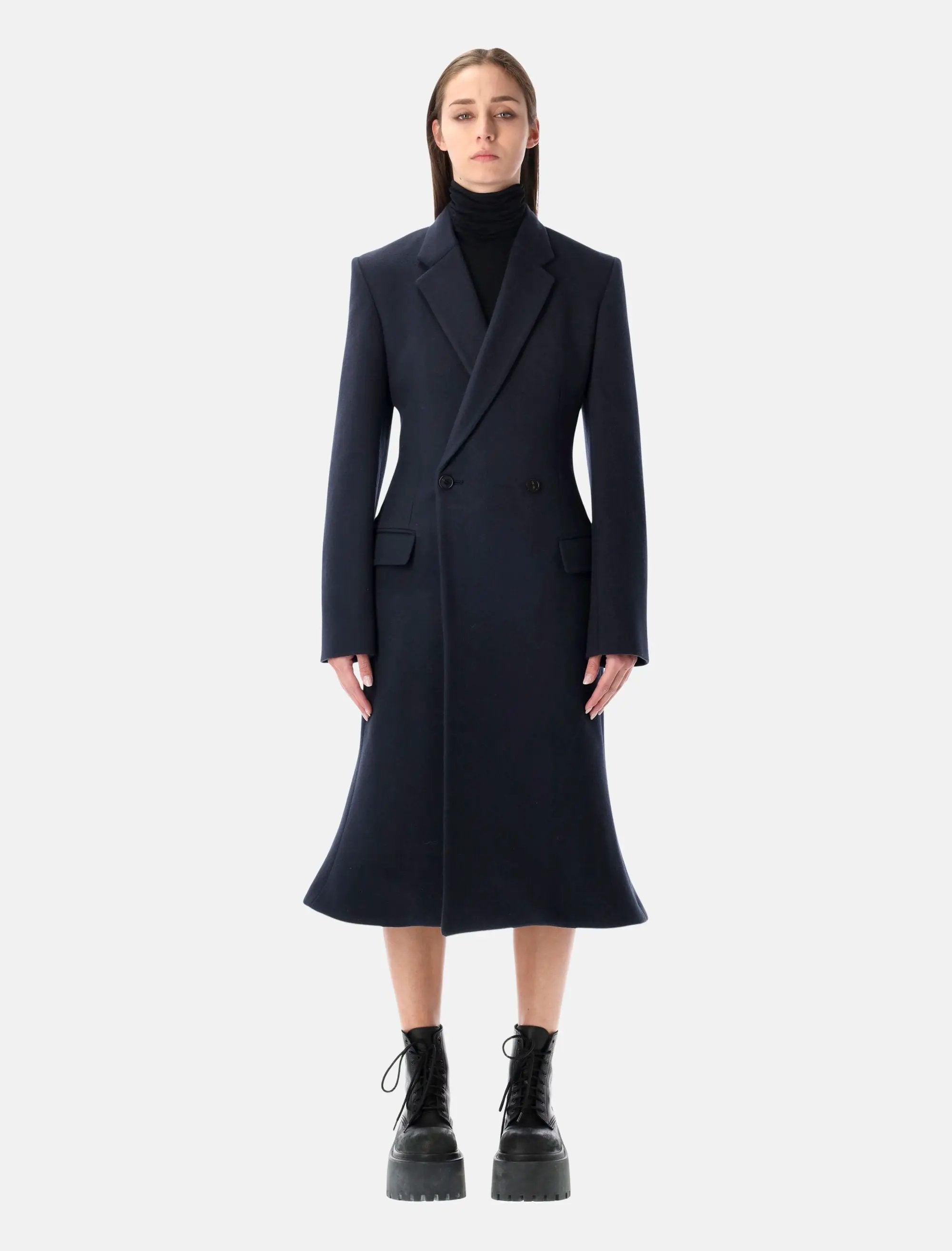Navy Brushed Wool MIDI Godet Coat Balenciaga оригінал – Купити в Україні – боковий вид