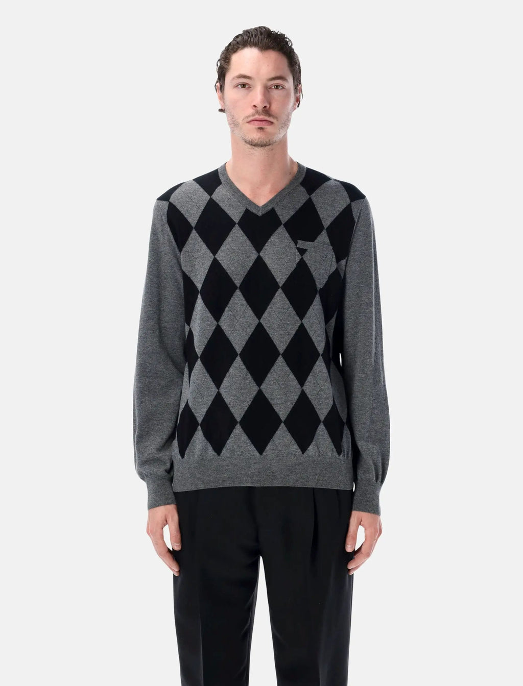 Grey Virgin Wool Argyle V Neck Sweater Salvatore ferragamo оригінал – Купити в Україні – боковий вид