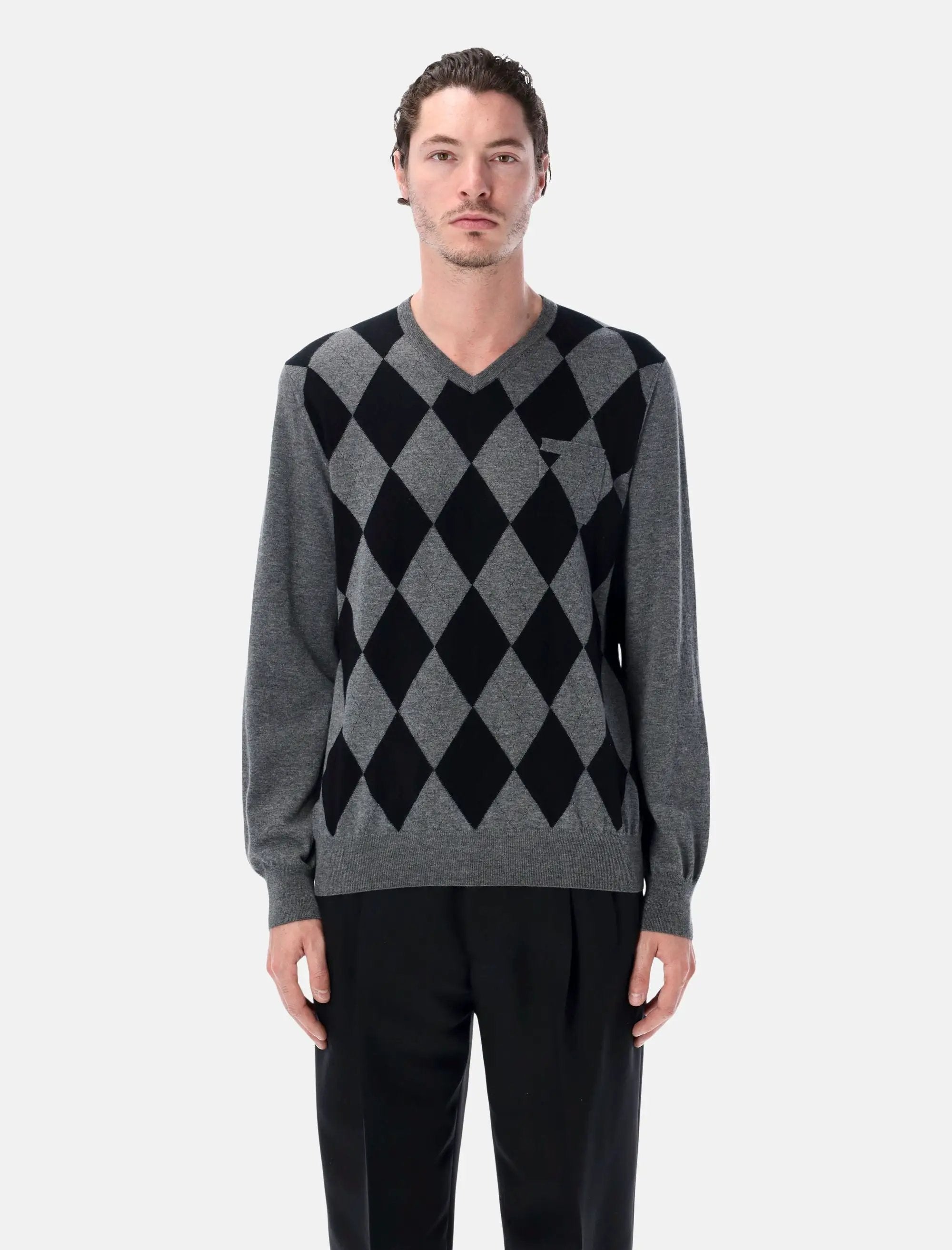 Grey Virgin Wool Argyle V Neck Sweater Salvatore ferragamo оригінал – Купити в Україні – боковий вид
