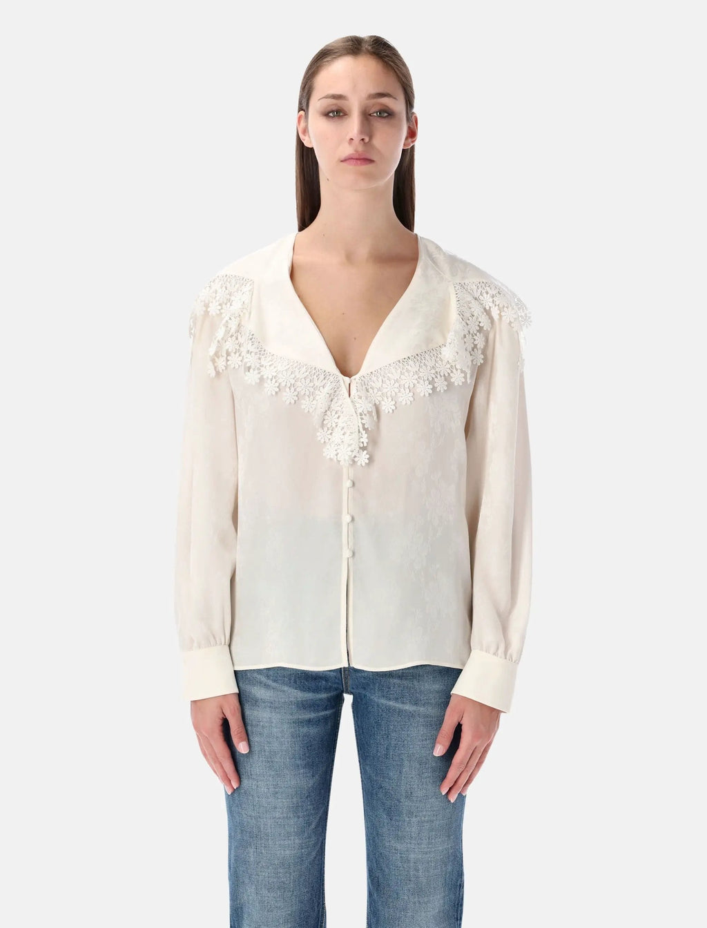 Оригінальна Floral Lace Trim Jacquard Silk Blouse Chloe – боковий вид
