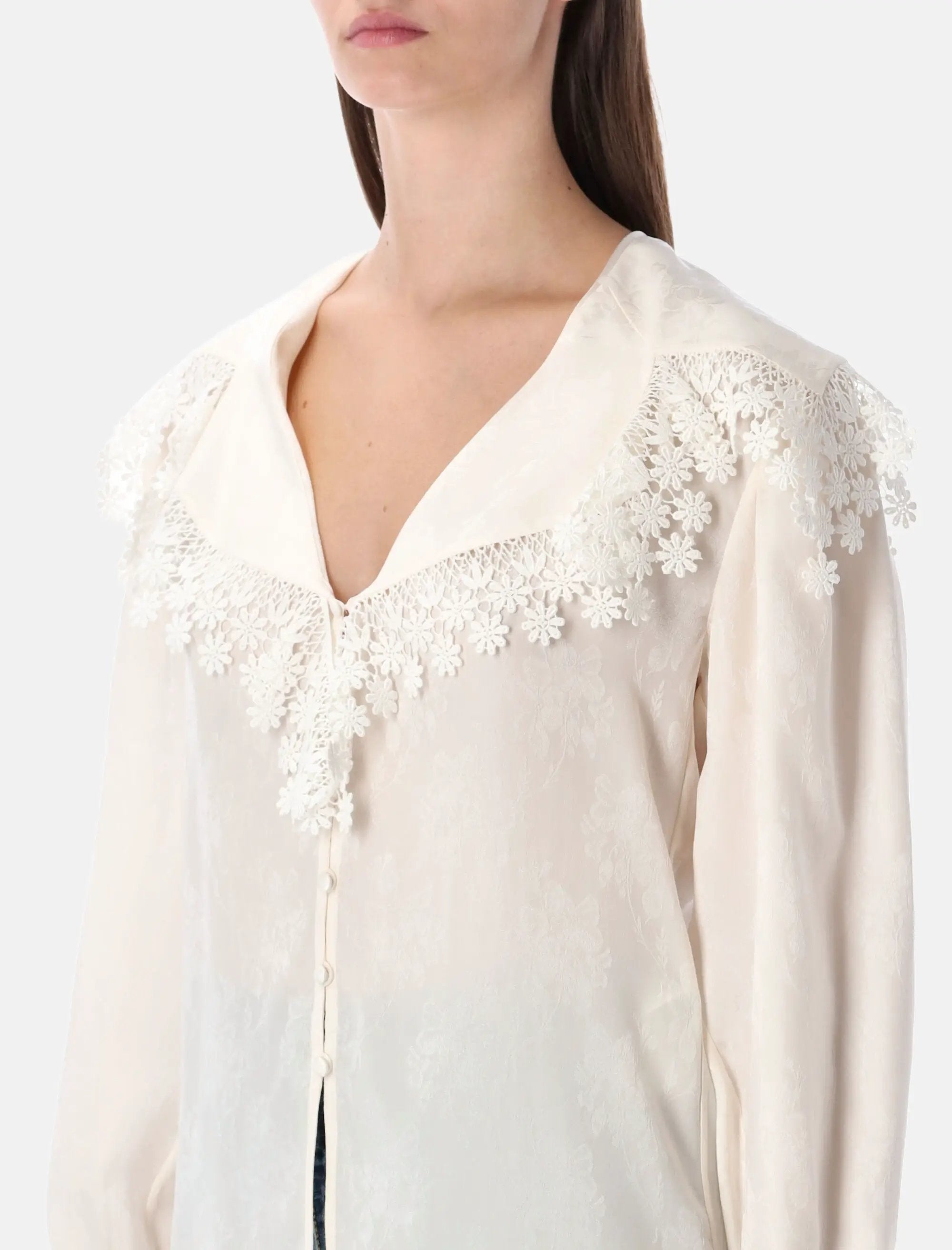 Оригінальна Floral Lace Trim Jacquard Silk Blouse Chloe – детальний вид