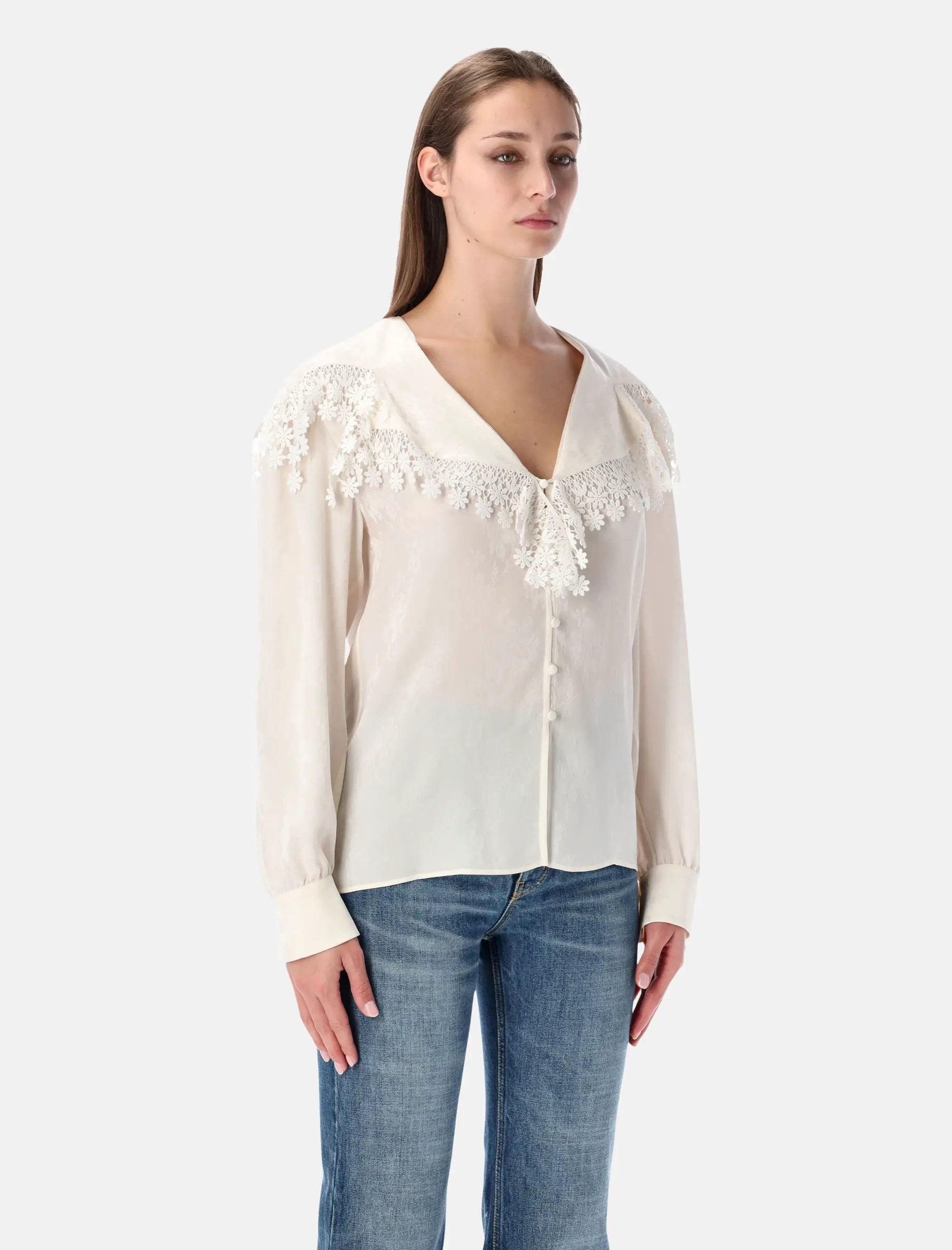 Оригінальна Floral Lace Trim Jacquard Silk Blouse Chloe – збільшений вид