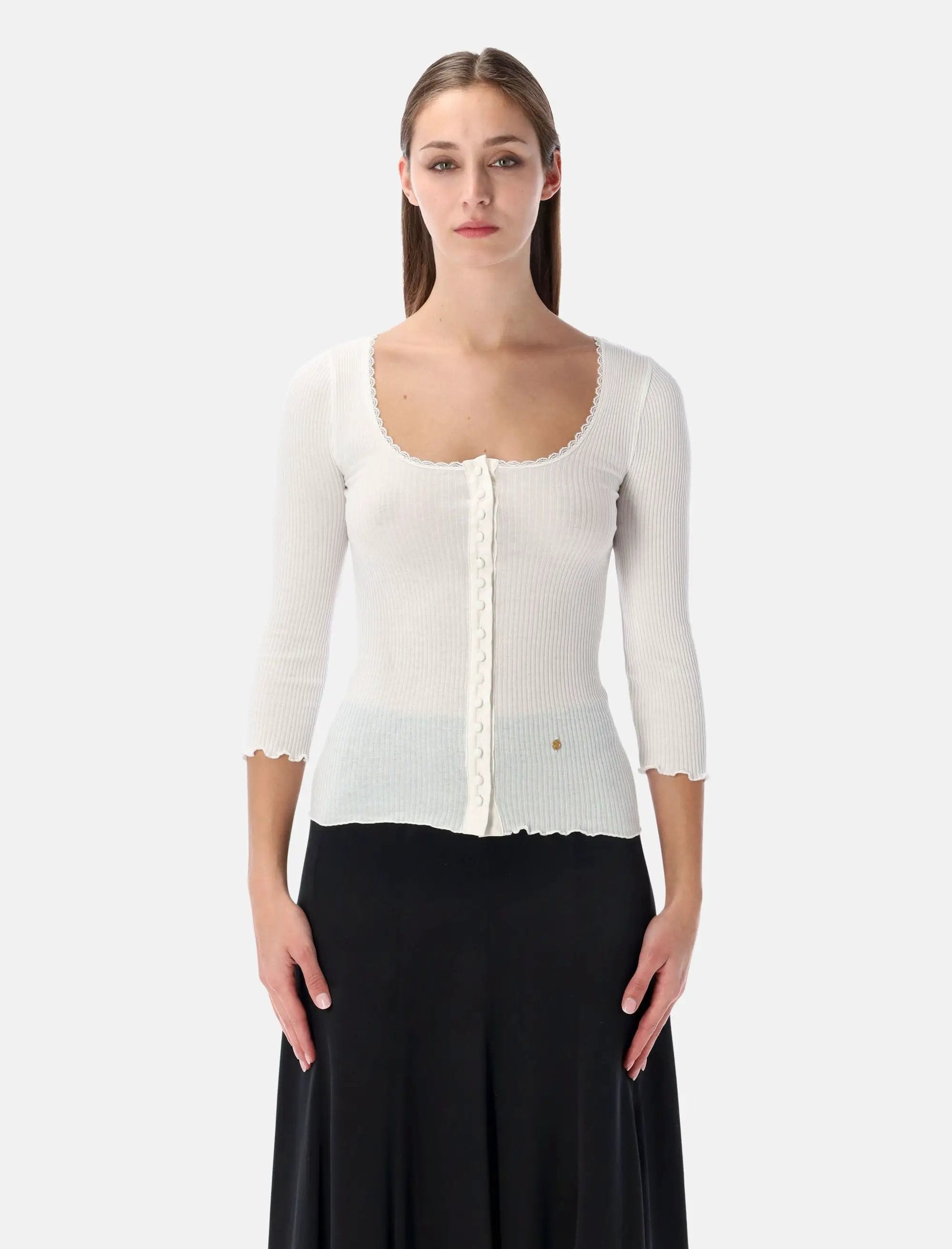 Fitted White Cotton Deep Neck Cardigan Chloe – Гарантія оригінальності – боковий вид