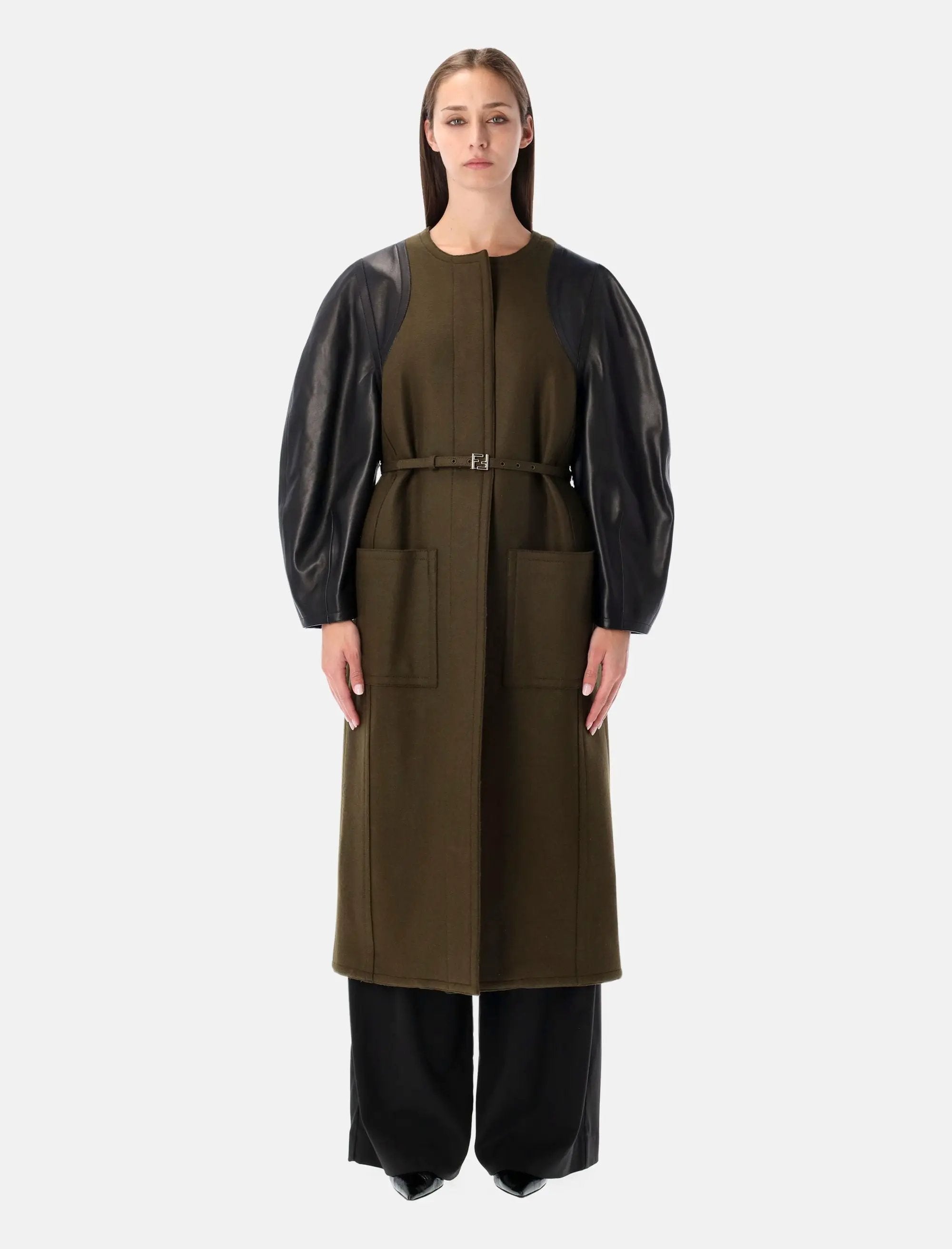 Оригінальна Green Wool MIDI Coat With Leather Sleeves Fendi – боковий вид