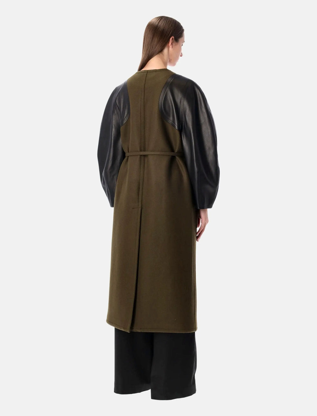 Оригінальна Green Wool MIDI Coat With Leather Sleeves Fendi – вид ззаду