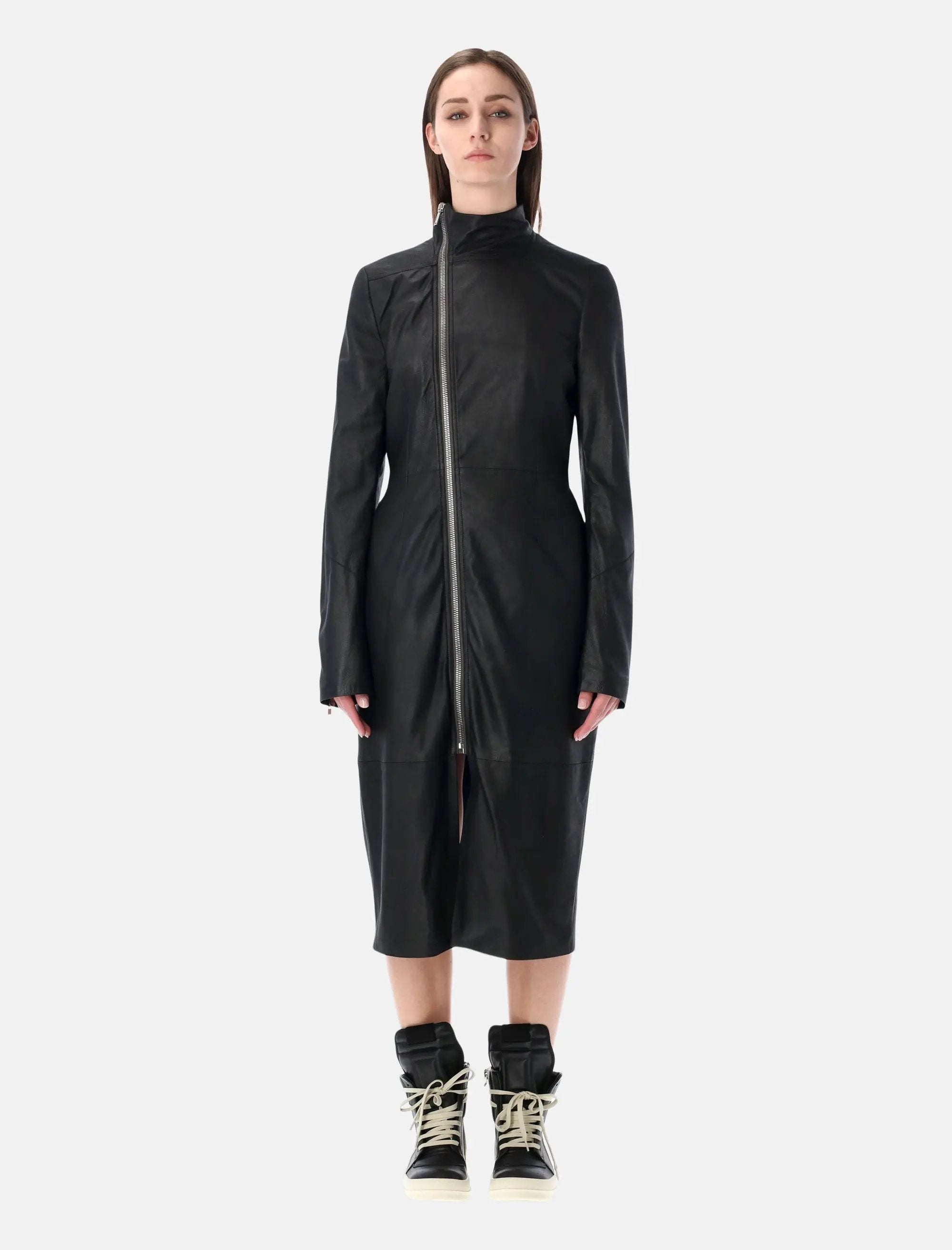 Gary Matte Black Leather Coat Rick owens – Гарантія оригінальності – боковий вид