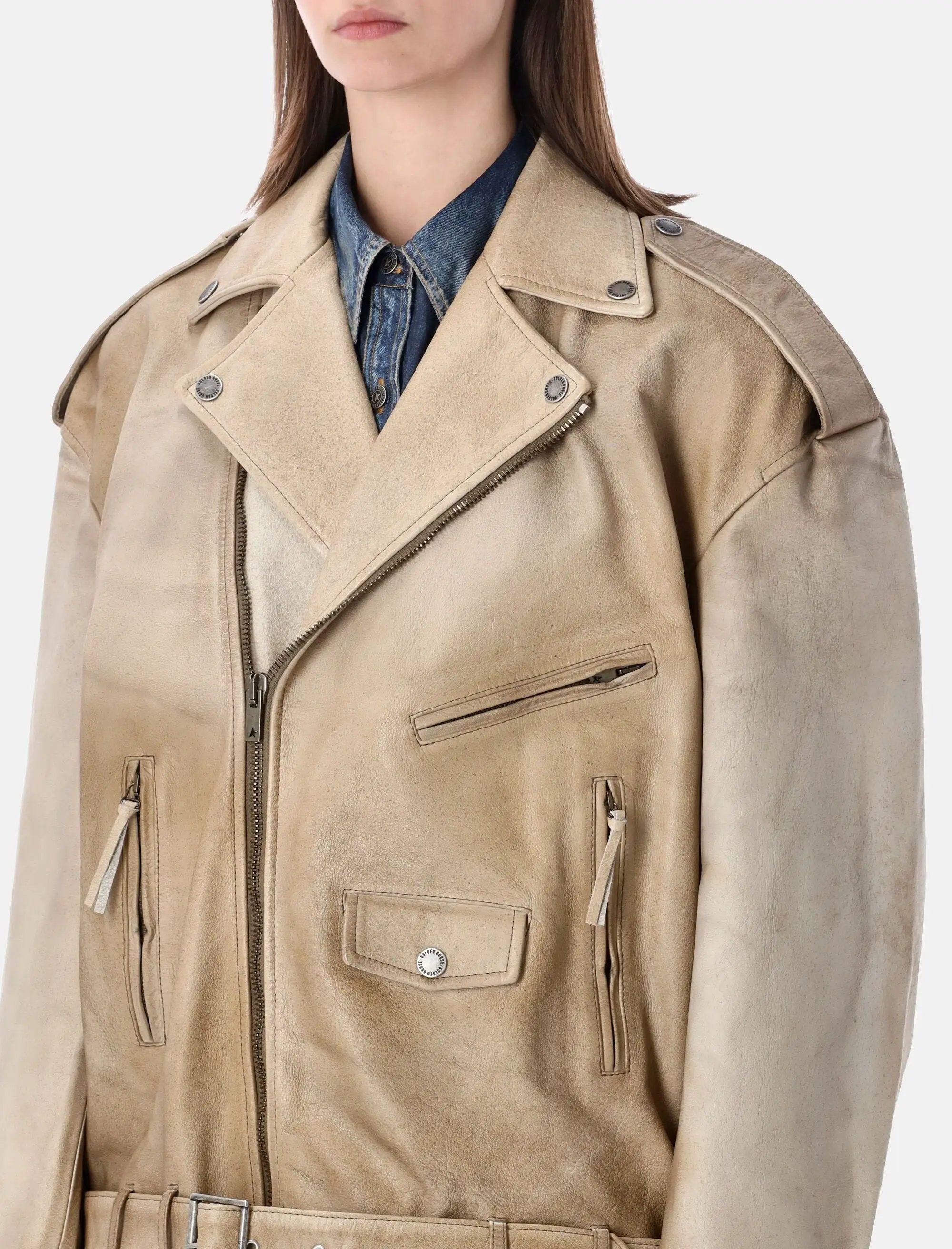 Оригінальна Biker Jacket Brushed Leather Beige Golden goose – детальний вид