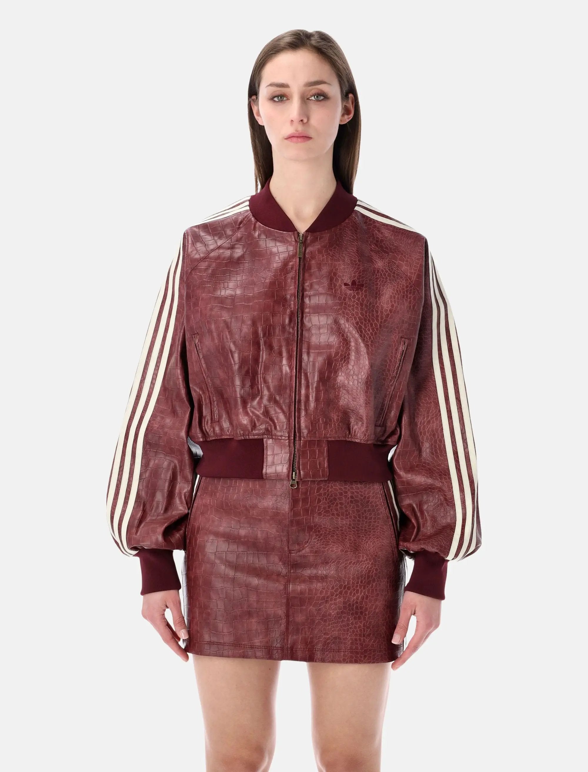 Burgundy Faux Leather Cropped Bomber Jacket Adidas – Гарантія оригінальності – боковий вид - ADIDAS