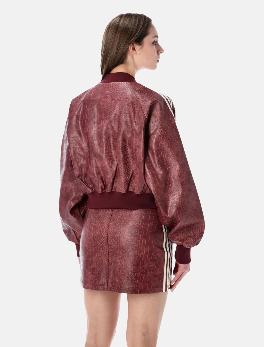 Burgundy Faux Leather Cropped Bomber Jacket Adidas – Гарантія оригінальності – вид ззаду