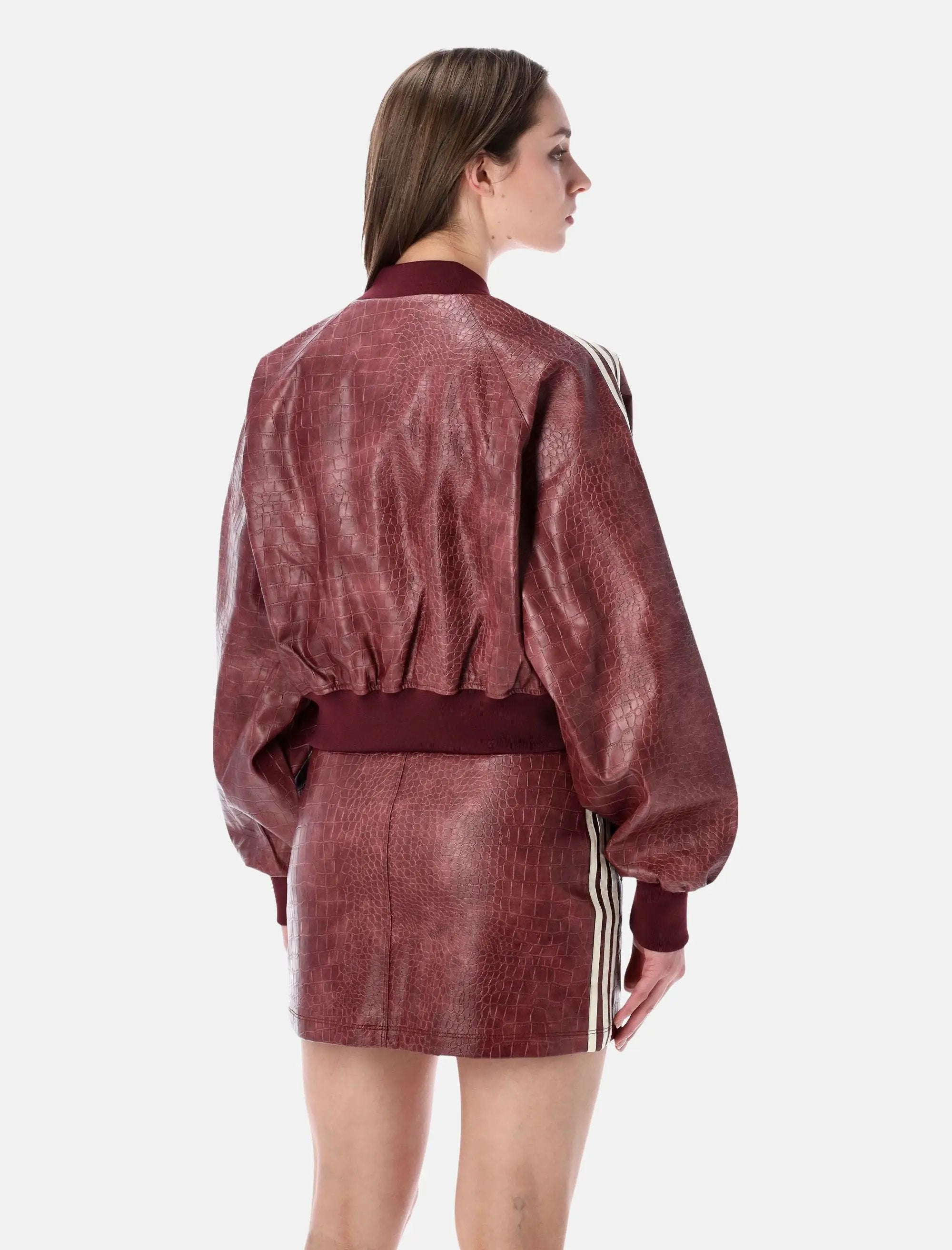 Burgundy Faux Leather Cropped Bomber Jacket Adidas – Гарантія оригінальності – вид ззаду - ADIDAS