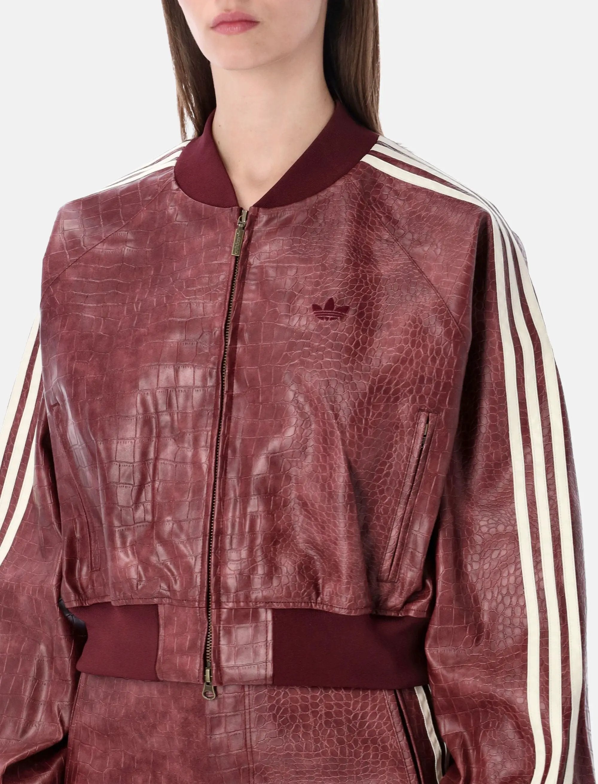 Burgundy Faux Leather Cropped Bomber Jacket Adidas – Гарантія оригінальності – детальний вид