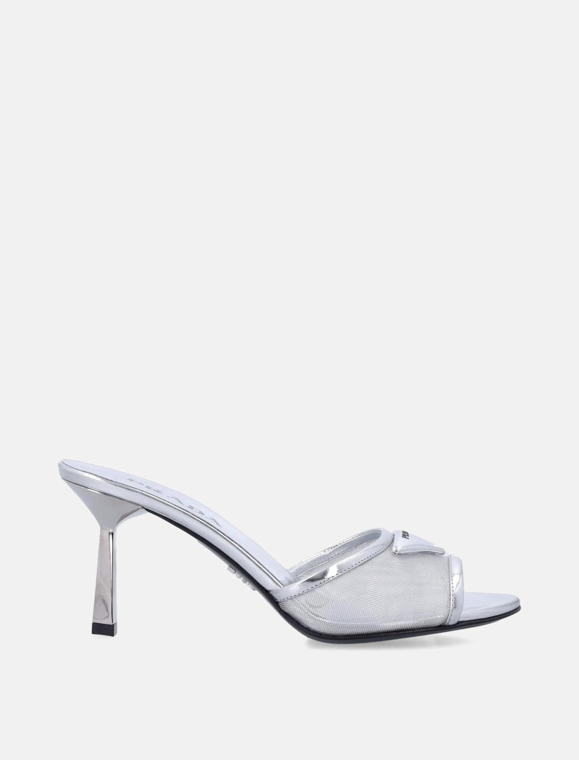 Silver Mesh And Metallic Leather Mules Prada – Гарантія оригінальності – боковий вид