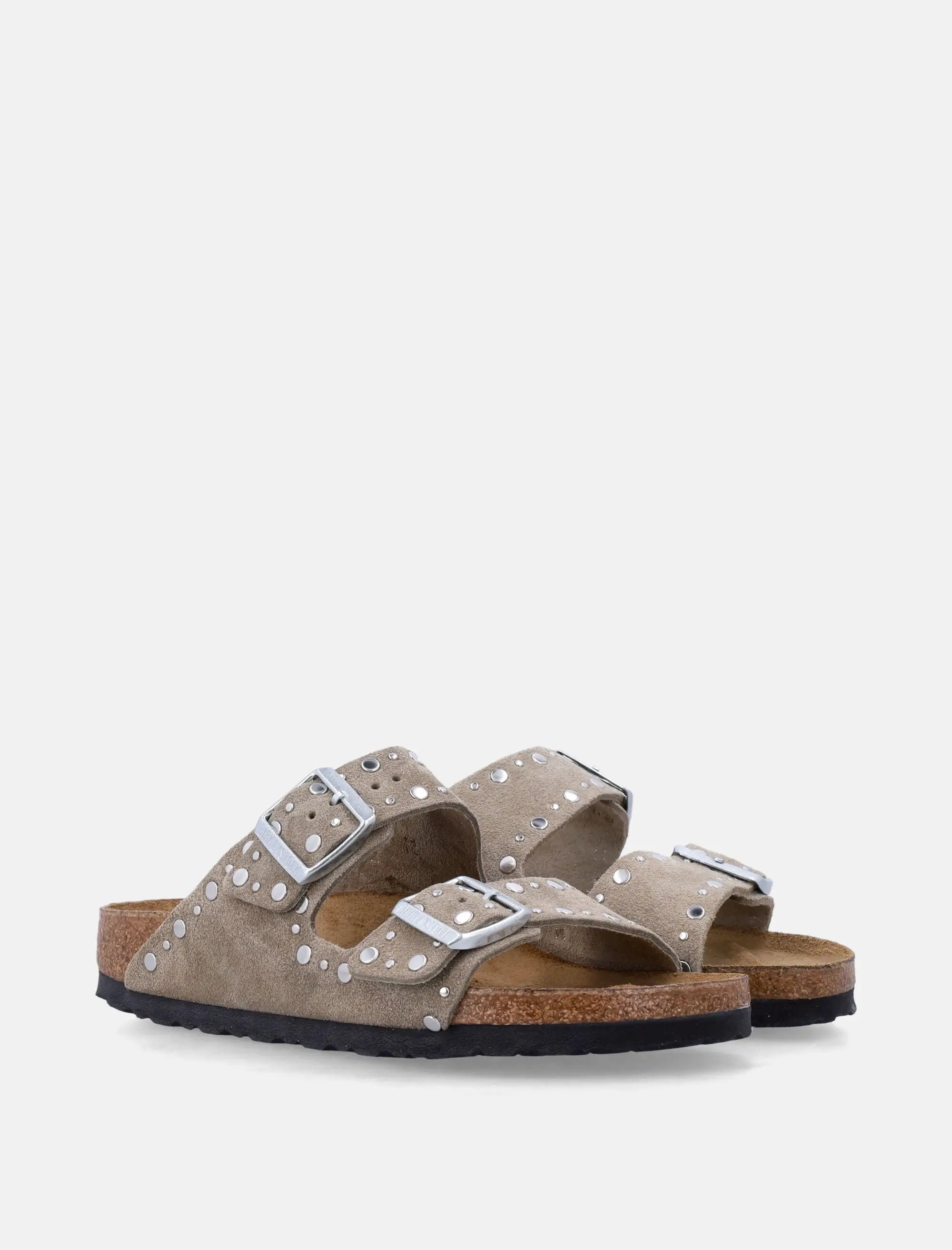 Arizona Rivet Taupe Suede Leather Sandals Birkenstock – Гарантія оригінальності – вид ззаду - BIRKENSTOCK