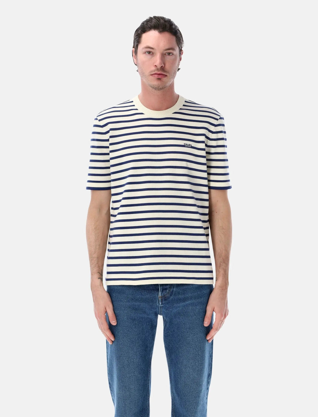 Mens Knit Breton Stripe Short Sleeve Crewneck Cream Navy Prada оригінал – Купити в Україні – боковий вид