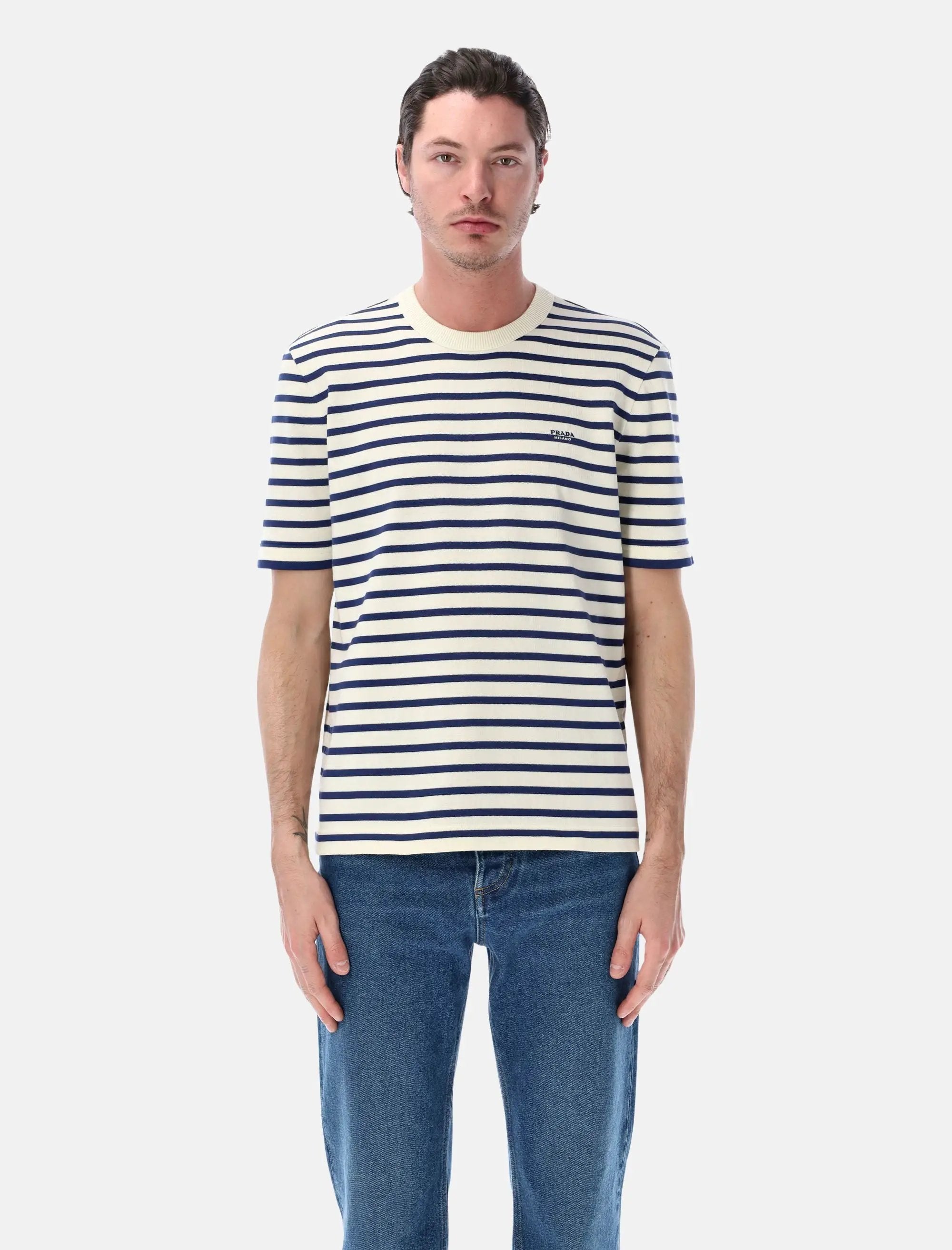 Mens Knit Breton Stripe Short Sleeve Crewneck Cream Navy Prada оригінал – Купити в Україні – боковий вид