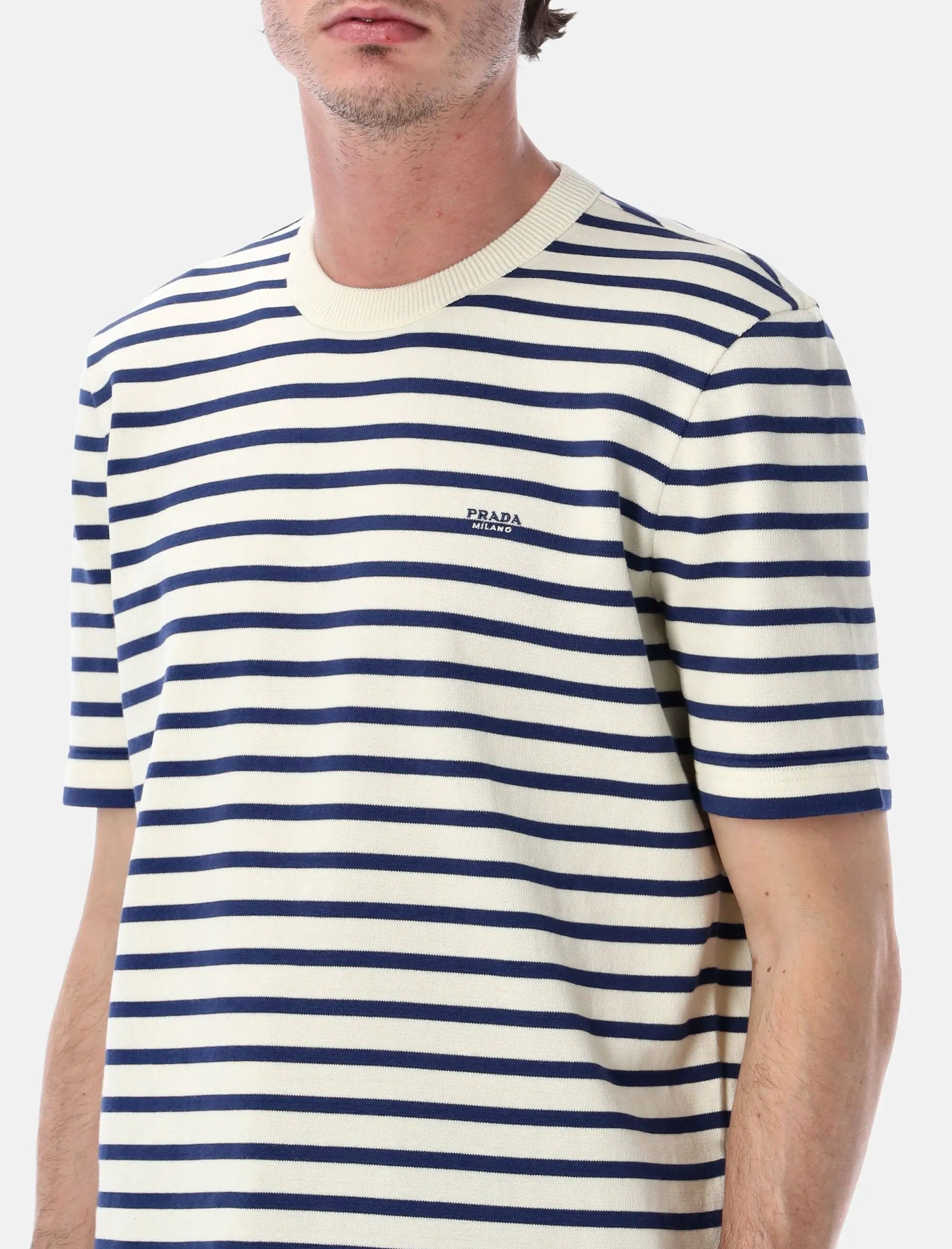 Mens Knit Breton Stripe Short Sleeve Crewneck Cream Navy Prada оригінал – Купити в Україні – детальний вид