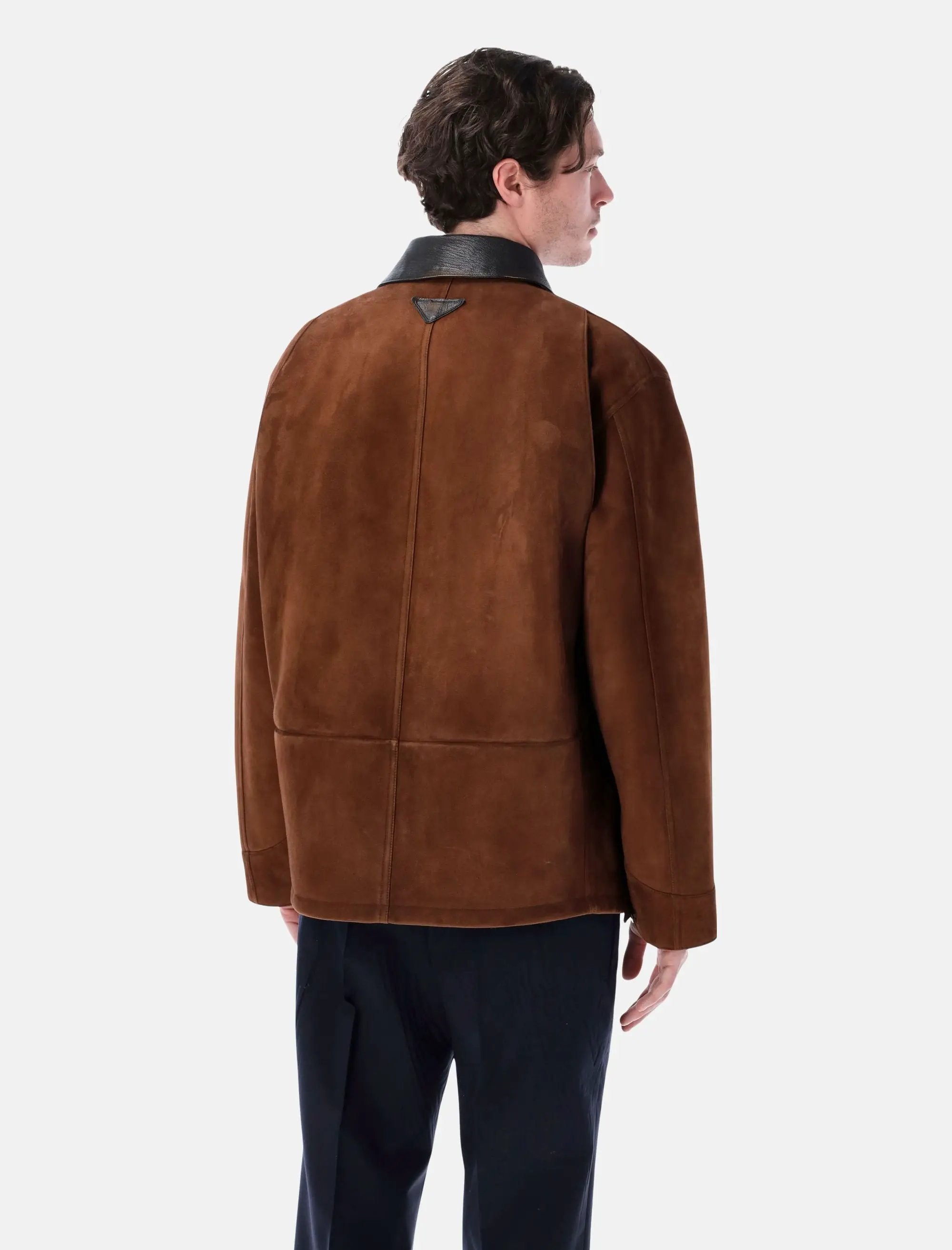 Suede Caban Jacket With Leather Collar Prada – Гарантія оригінальності – вид ззаду