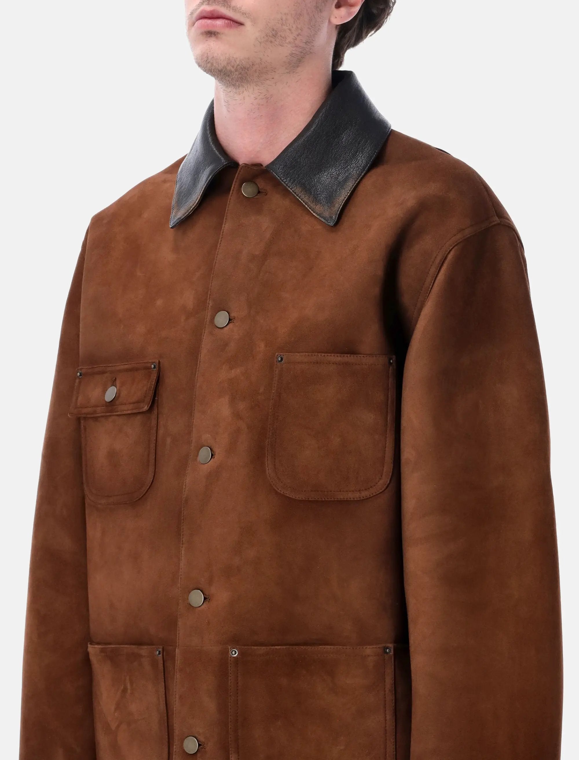 Suede Caban Jacket With Leather Collar Prada – Гарантія оригінальності – детальний вид