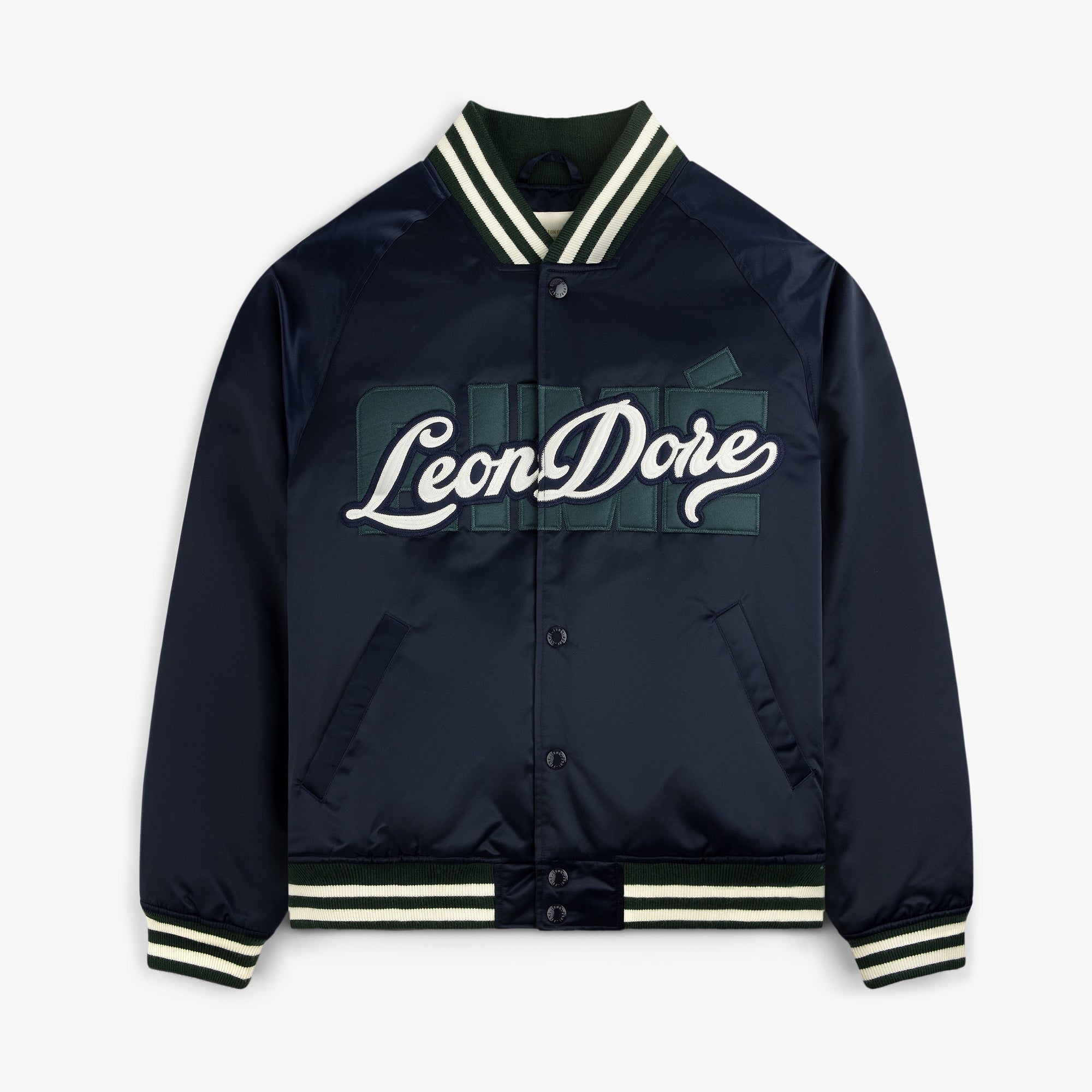 Оригінальна Overlay Logo Satin Varsity Jacket Aime leon dore – боковий вид