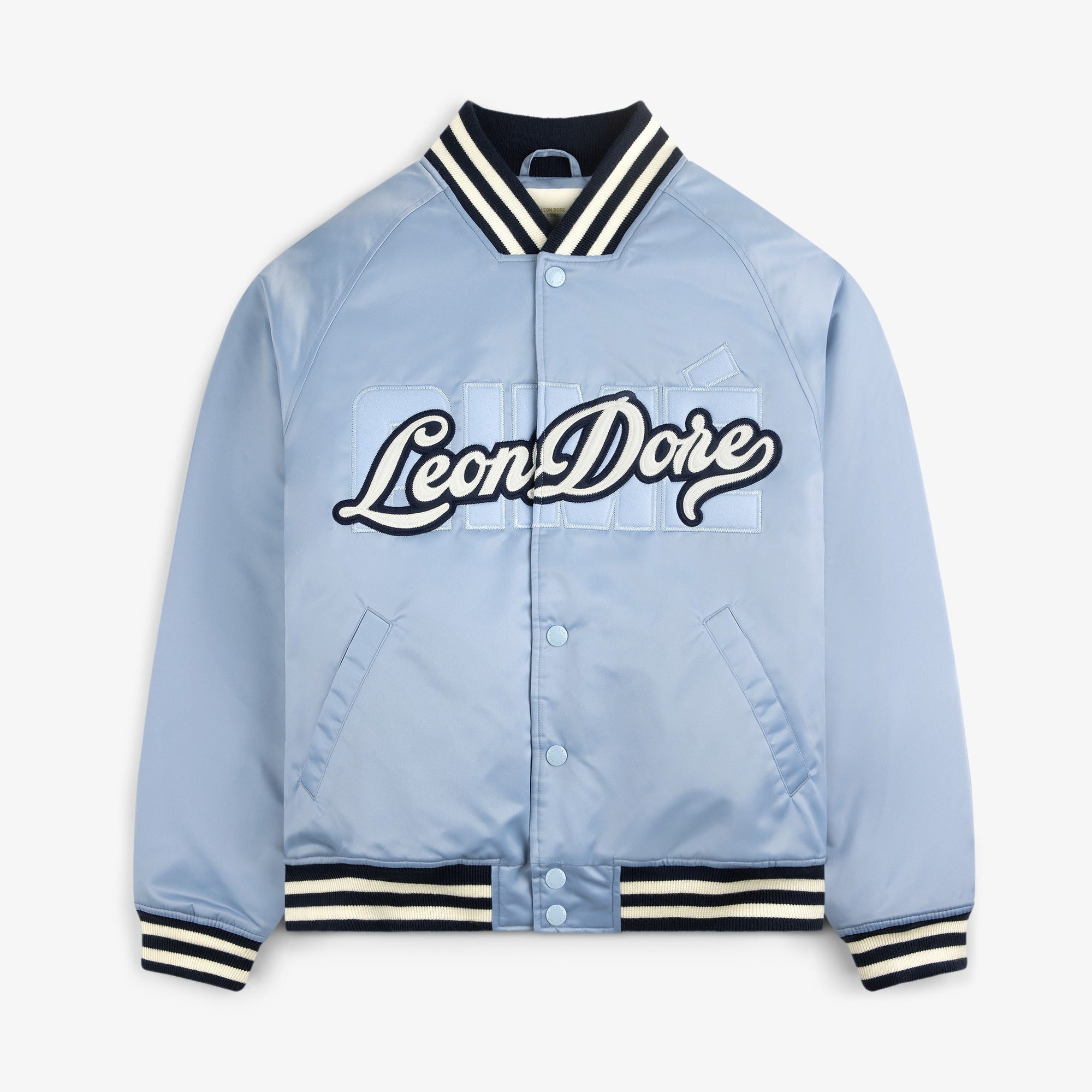 Оригінальна Overlay Logo Satin Varsity Jacket Aime leon dore – боковий вид