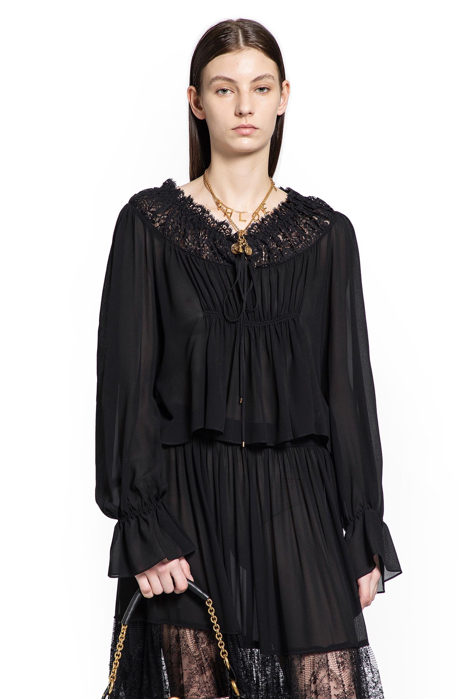 Crop Top In Silk Georgette And Lace Chloe оригінал – Купити в Україні – боковий вид