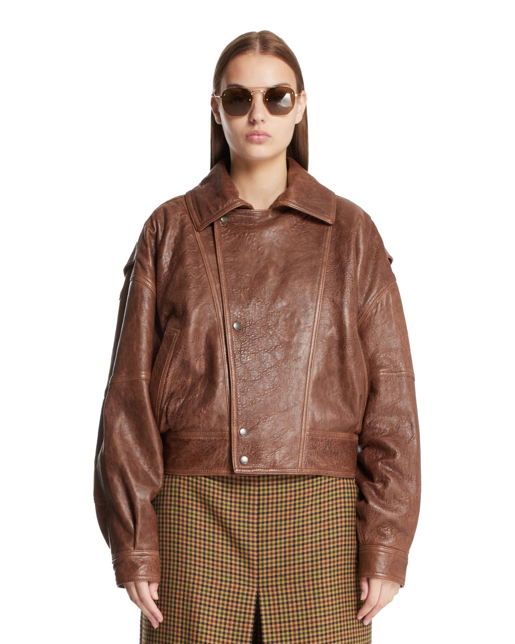Оригінальна Brown Leather Short Bomber With Zip Saint laurent – боковий вид
