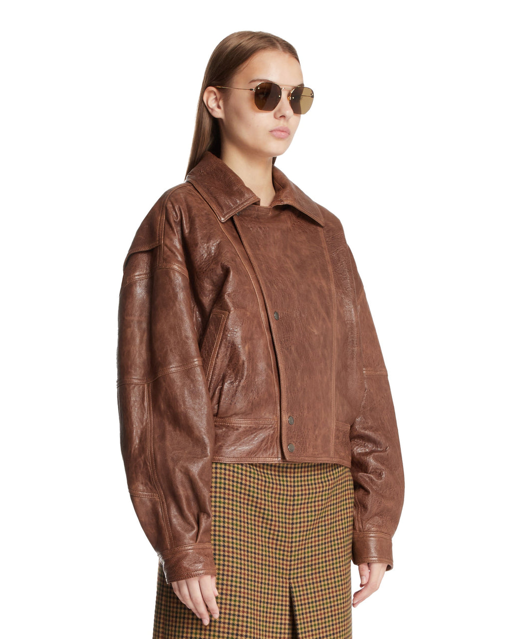 Оригінальна Brown Leather Short Bomber With Zip Saint laurent – вид ззаду