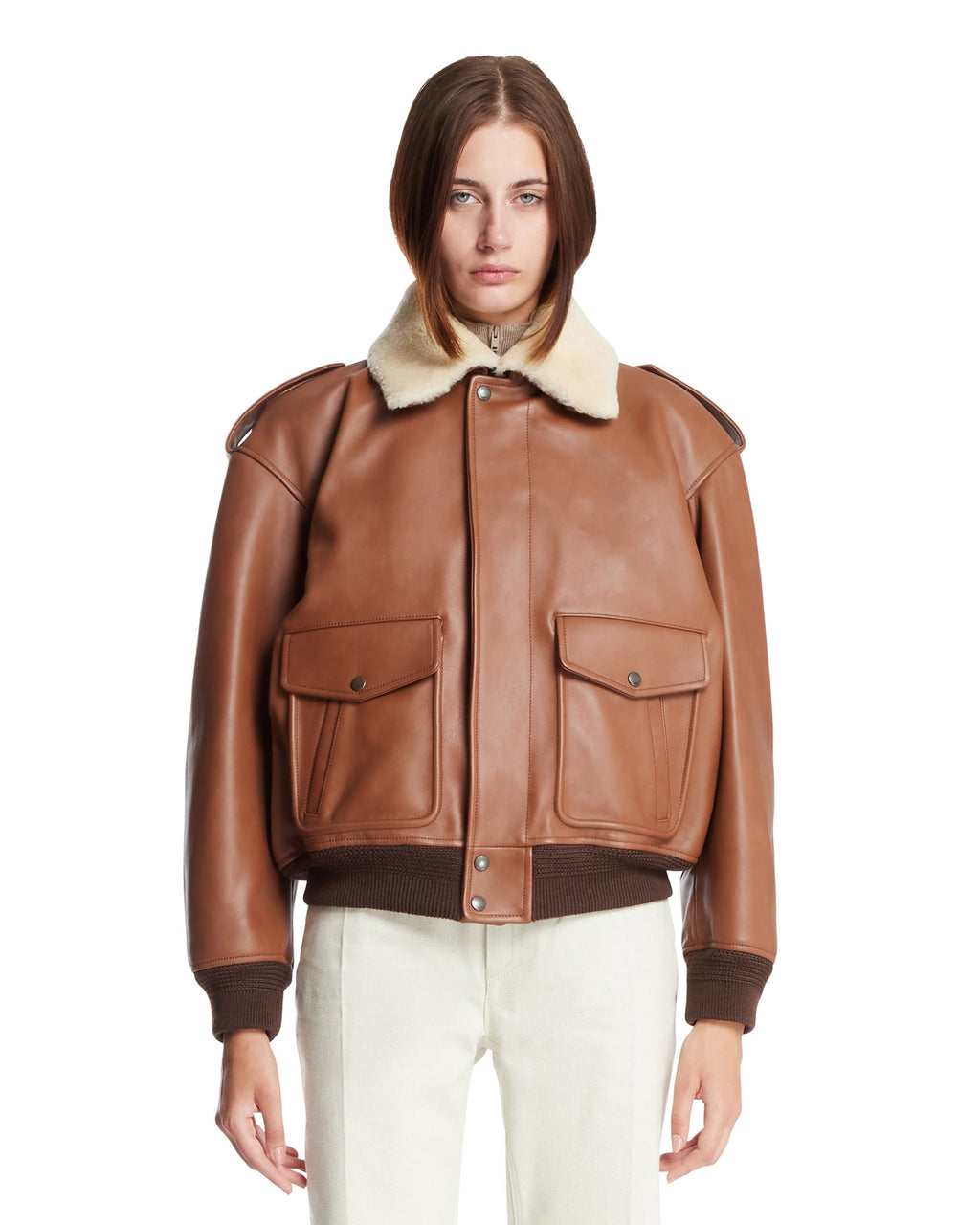 Оригінальна Brown Leather Bomber Jacket Saint laurent – боковий вид