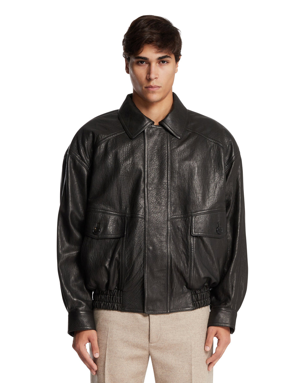 Black Leather Balloon Bomber Saint laurent – Гарантія оригінальності – боковий вид