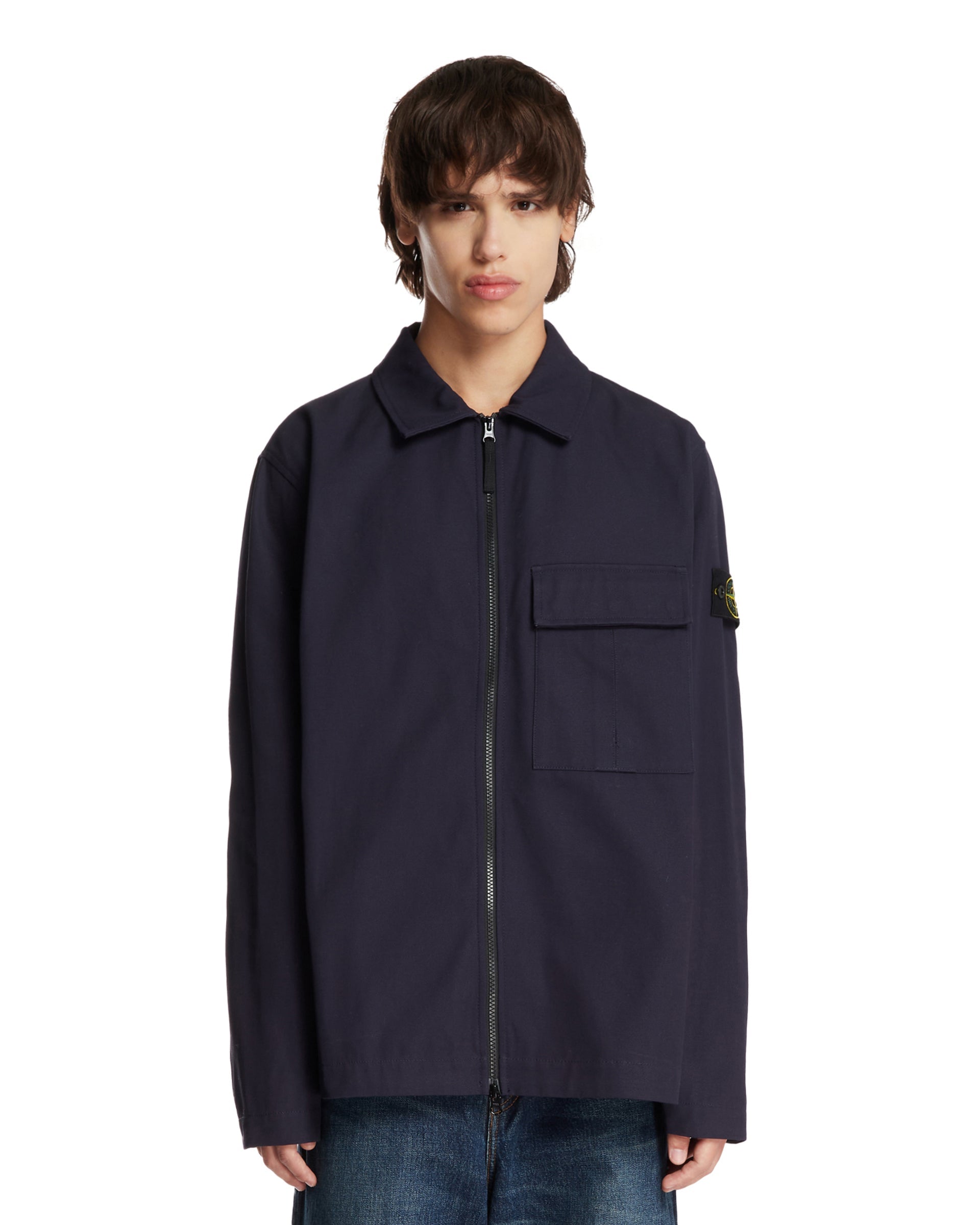 Blue Cotton Zip Overshirt - STONE ISLAND