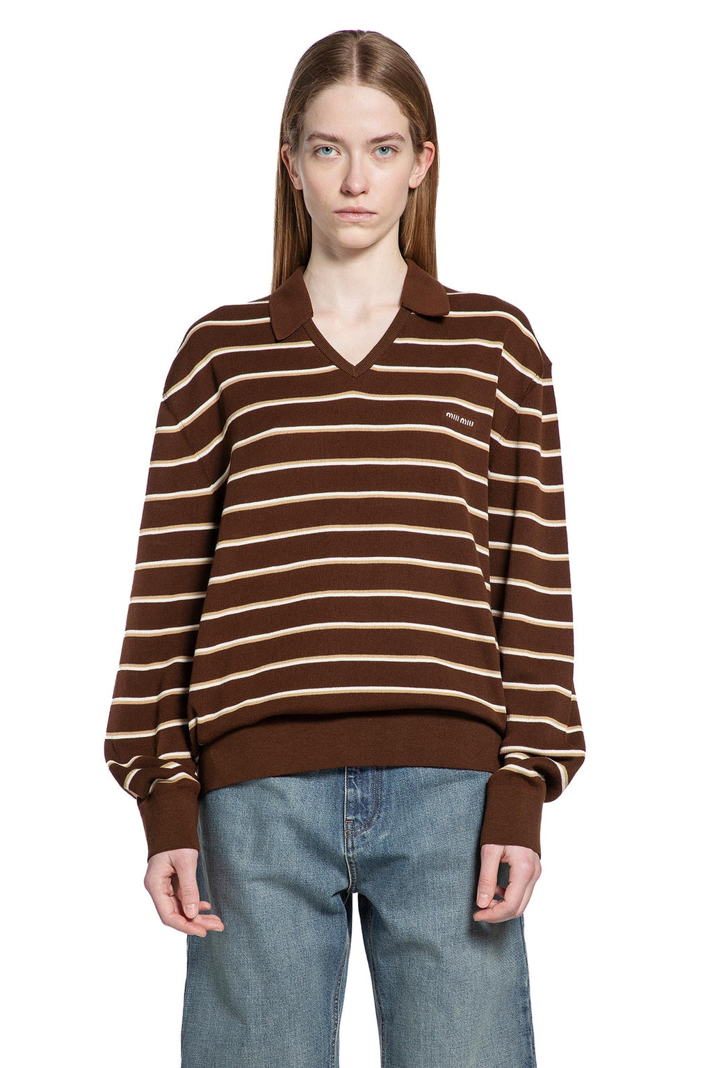 Оригінальна Striped V-Neck Long Sleeve T-Shirt Miu miu – вид ззаду