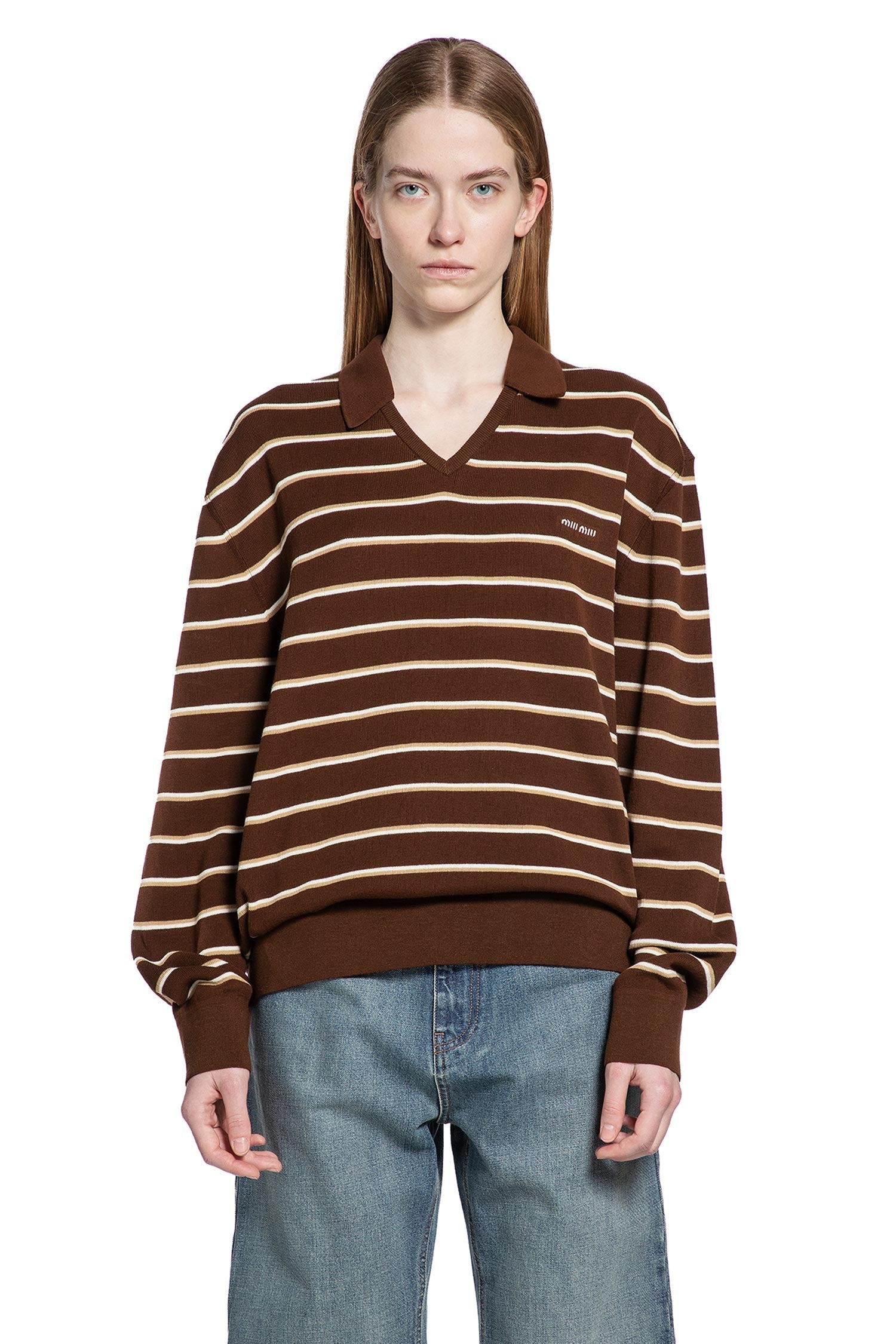 Оригінальна Striped V-Neck Long Sleeve T-Shirt Miu miu – вид ззаду